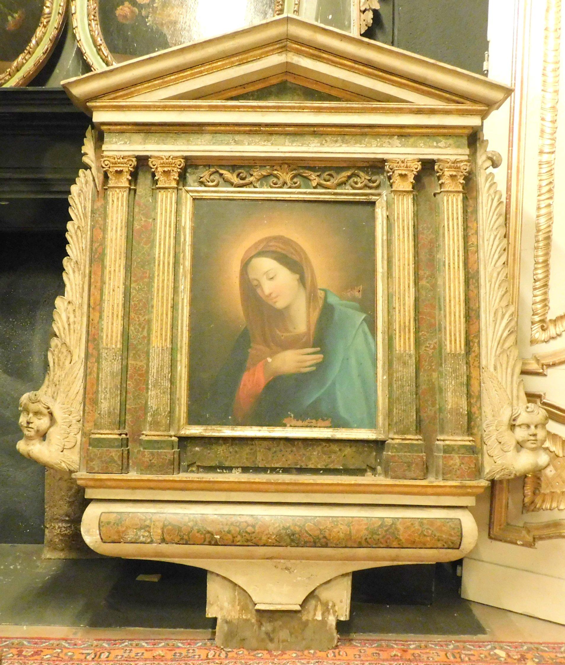 Hand-Painted Antique Altarpiece Depicting Madonna, Painted Wood and Canvas, 18th Century
