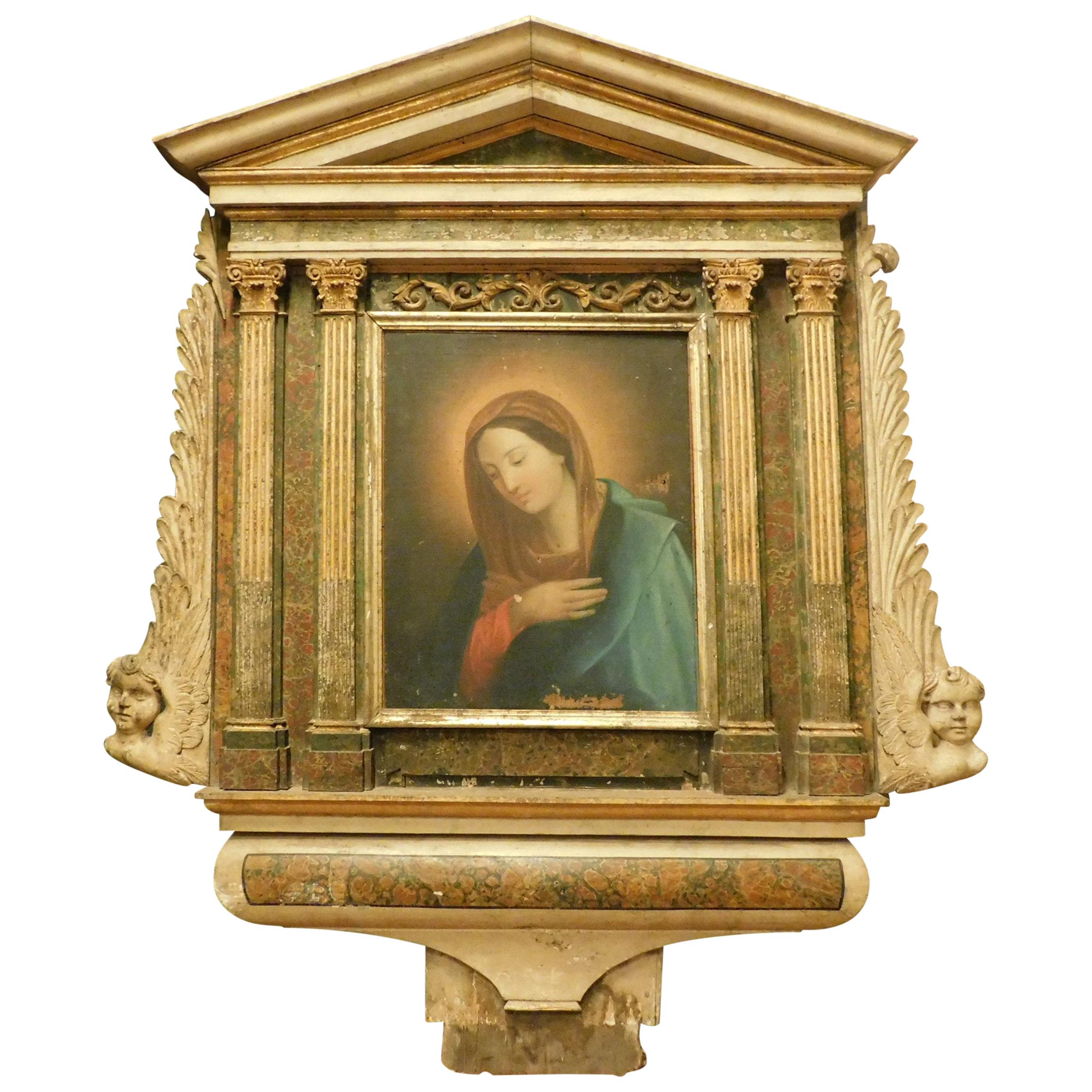Antique Altarpiece Depicting Madonna, Painted Wood and Canvas, 18th Century