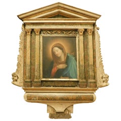 Antique Altarpiece Depicting Madonna, Painted Wood and Canvas, 18th Century