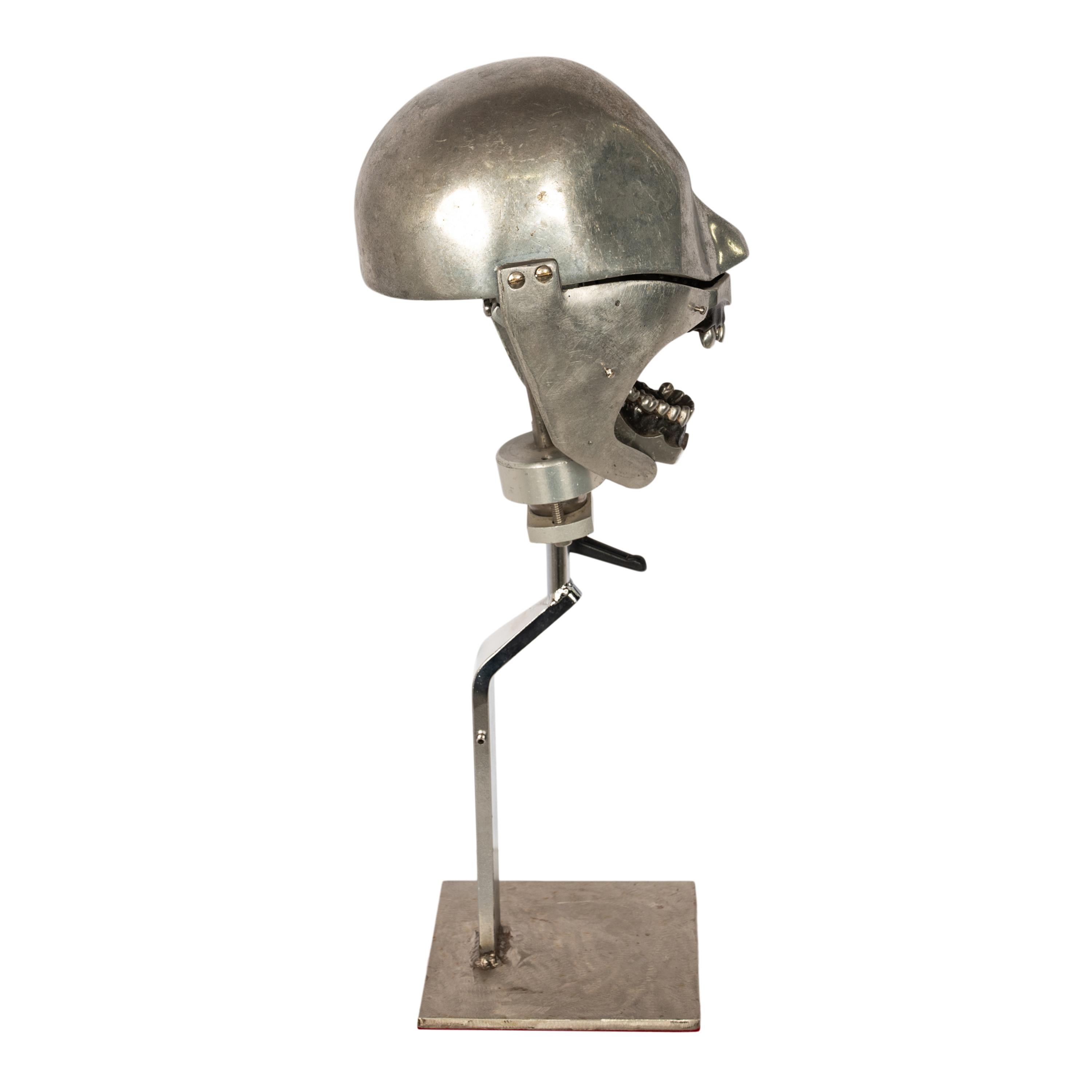 Brutalist Antique Aluminum Teaching Dental Phantom Head Skull on Stand Gold Tooth 1920's  For Sale