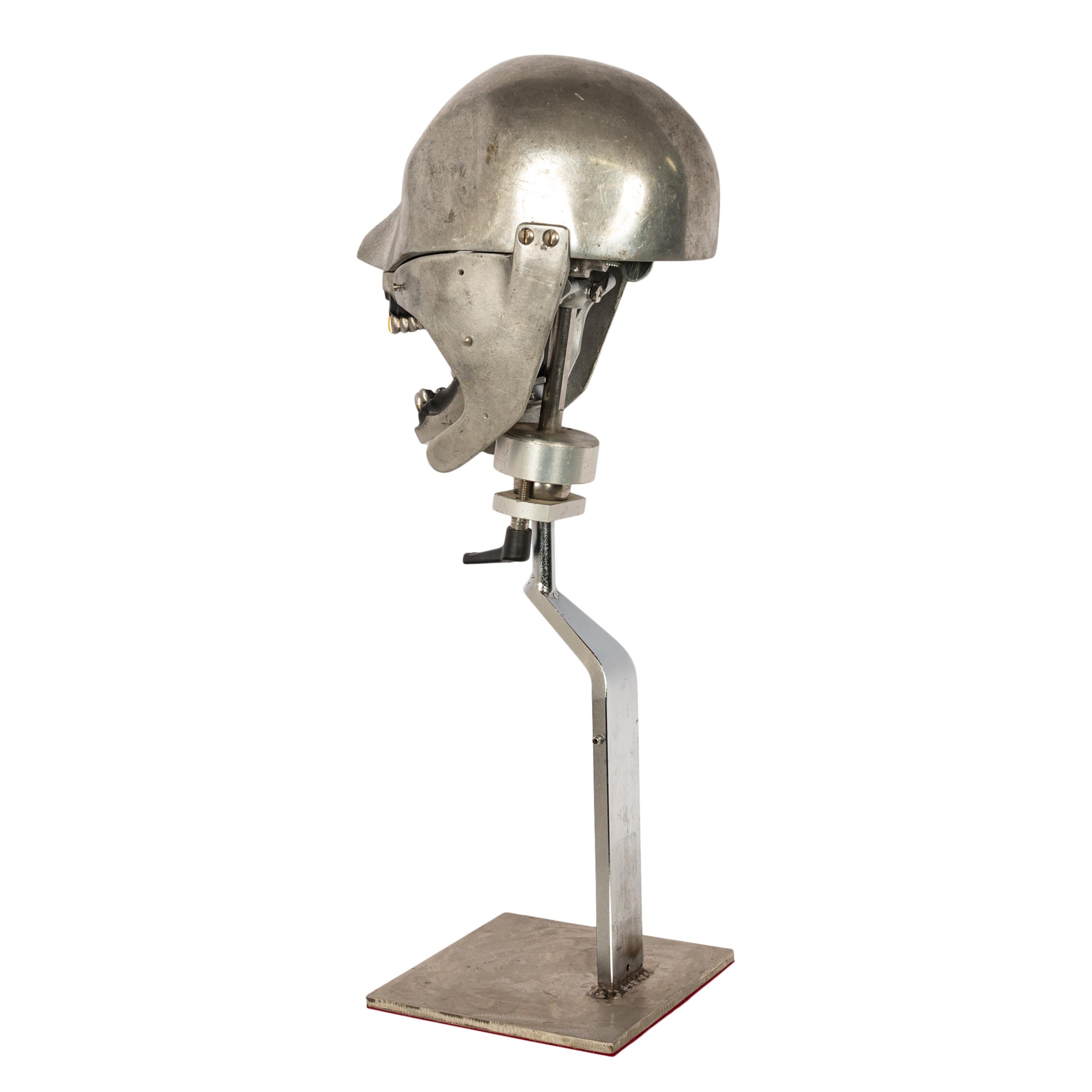 Antique Aluminum Teaching Dental Phantom Head Skull on Stand Gold Tooth 1920's  In Good Condition For Sale In Portland, OR