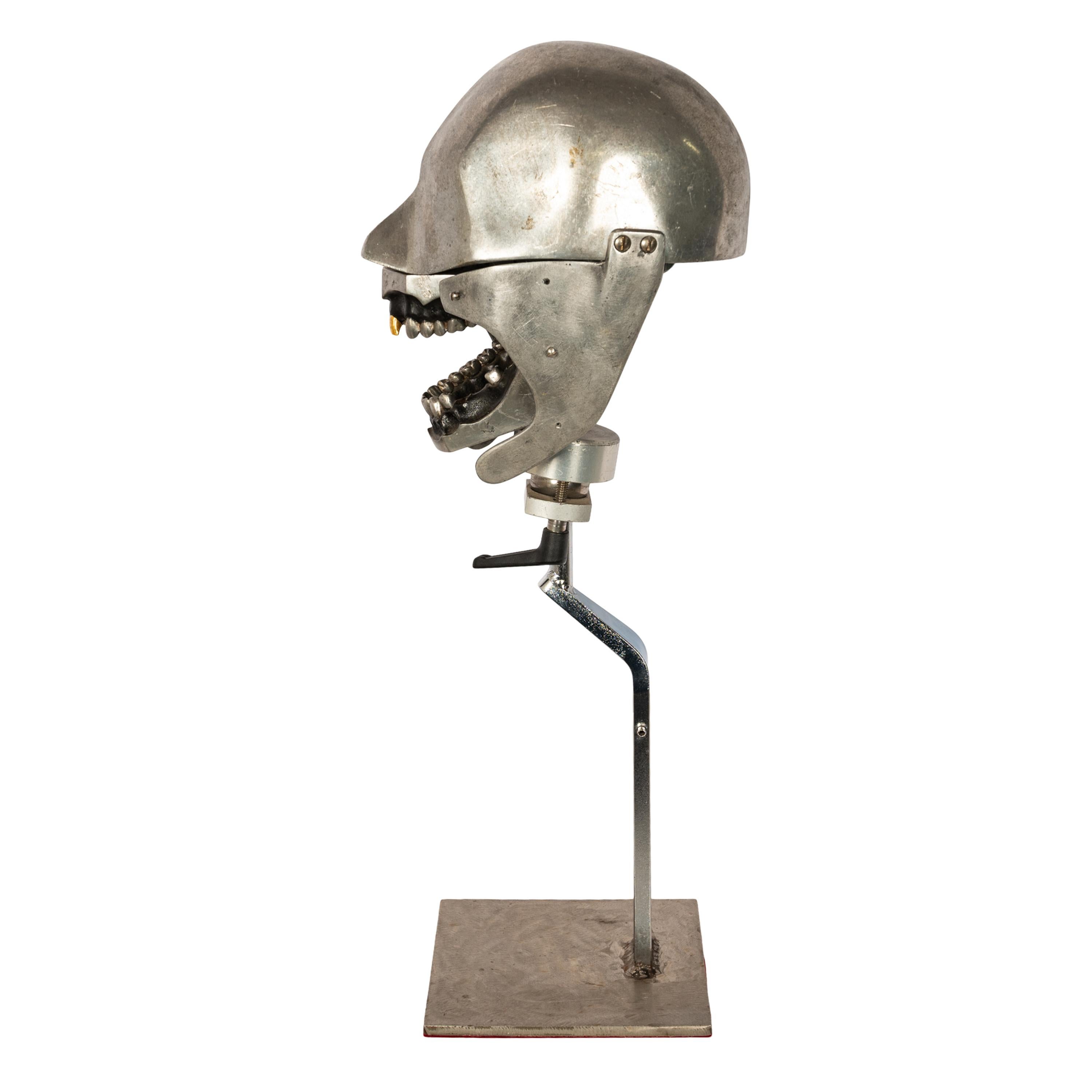 Antique Aluminum Teaching Dental Phantom Head Skull on Stand Gold Tooth 1920's  In Good Condition In Portland, OR
