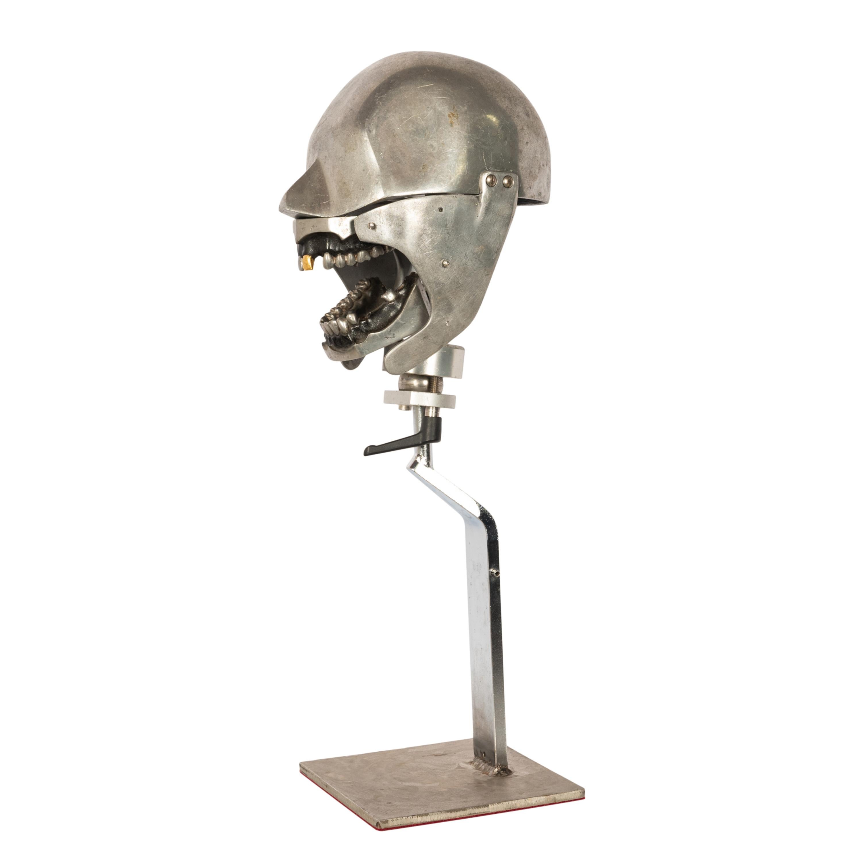 Early 20th Century Antique Aluminum Teaching Dental Phantom Head Skull on Stand Gold Tooth 1920's 