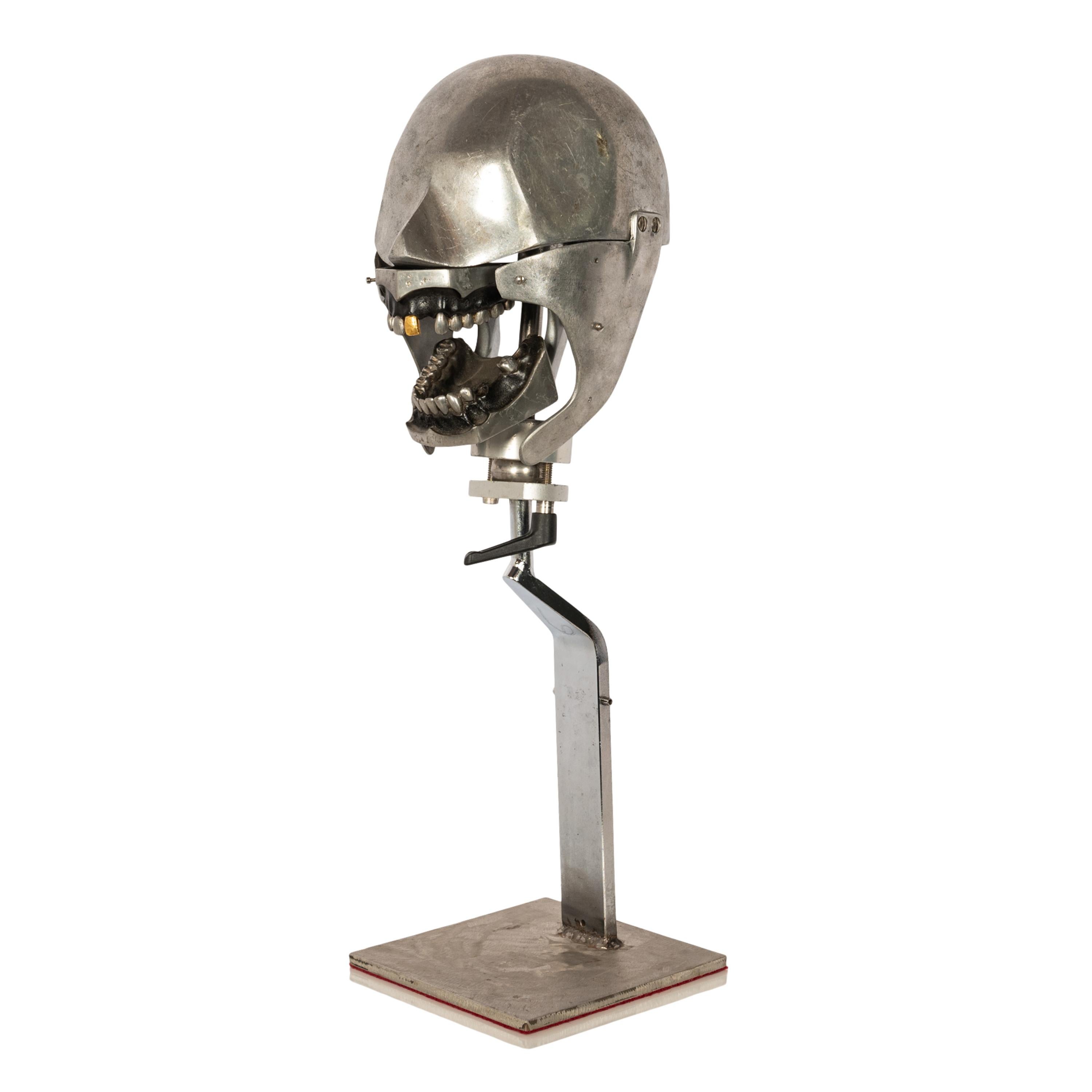 Antique Aluminum Teaching Dental Phantom Head Skull on Stand Gold Tooth 1920's  1
