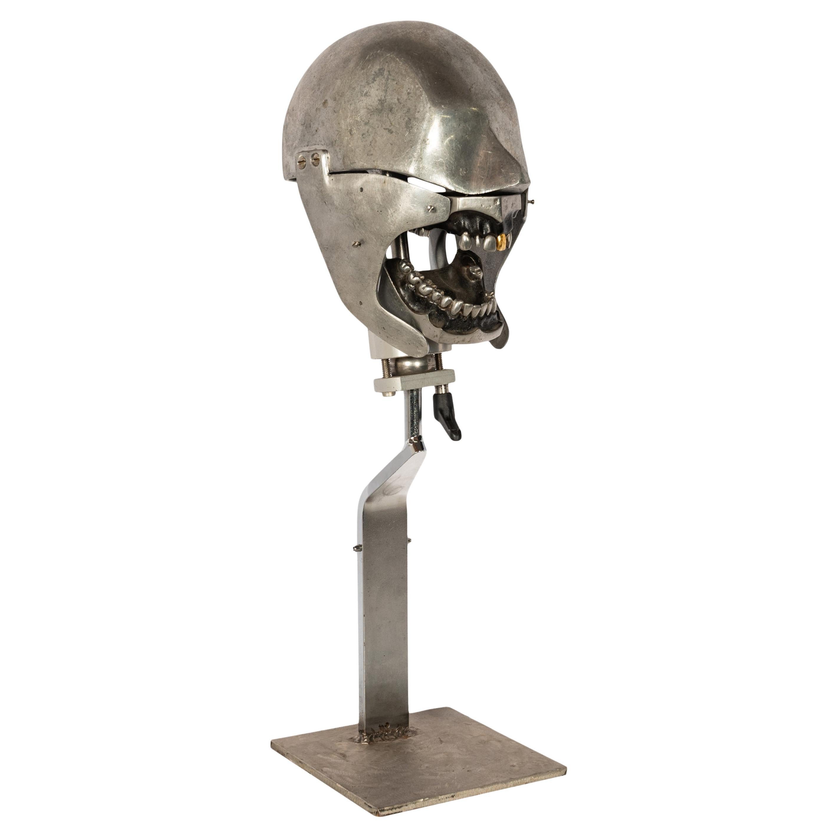 Antique Aluminum Teaching Dental Phantom Head Skull on Stand Gold Tooth 1920's  For Sale