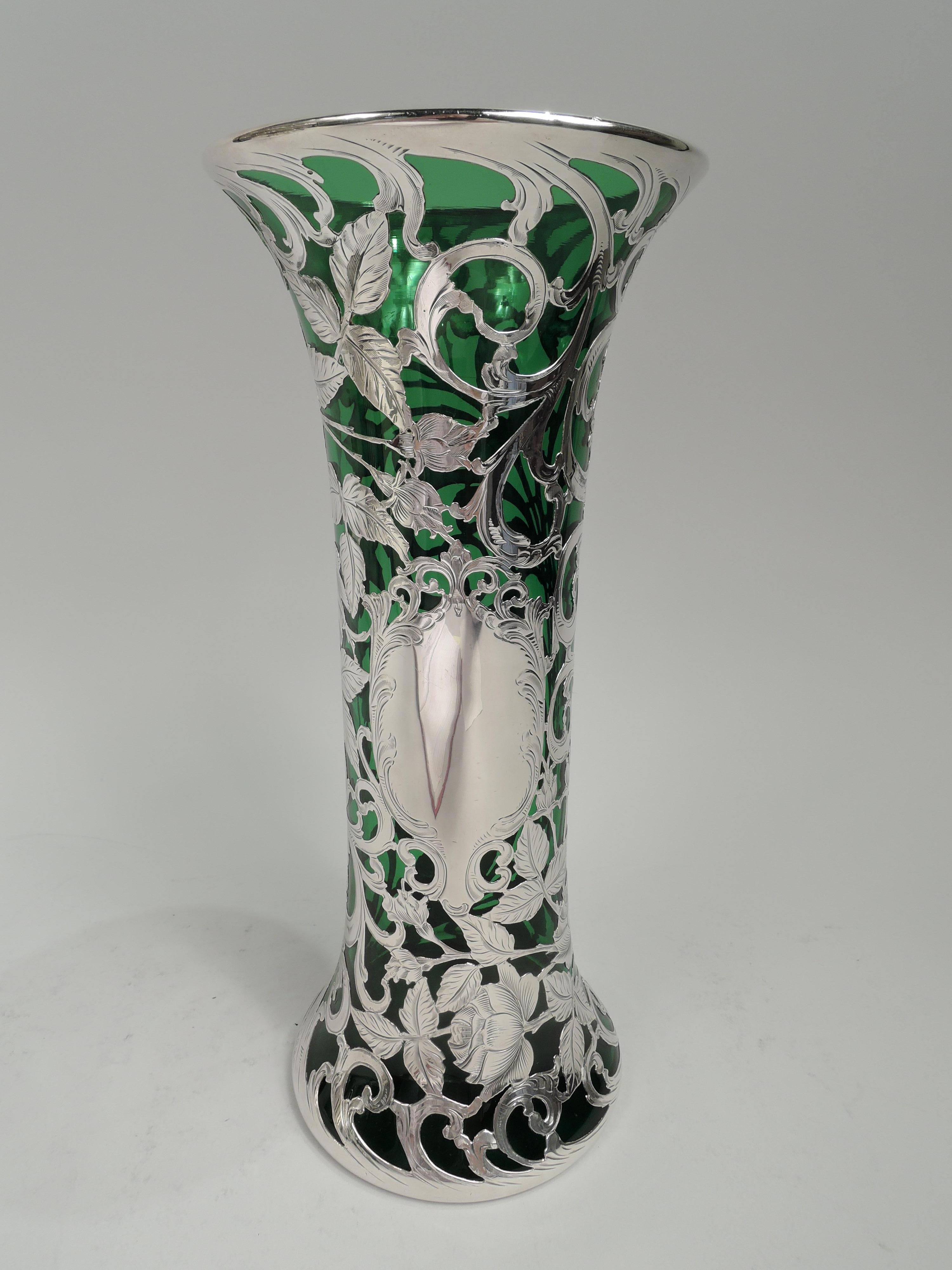Antique Alvin American Art Nouveau Green Floral Silver Overlay Vase In Excellent Condition In New York, NY