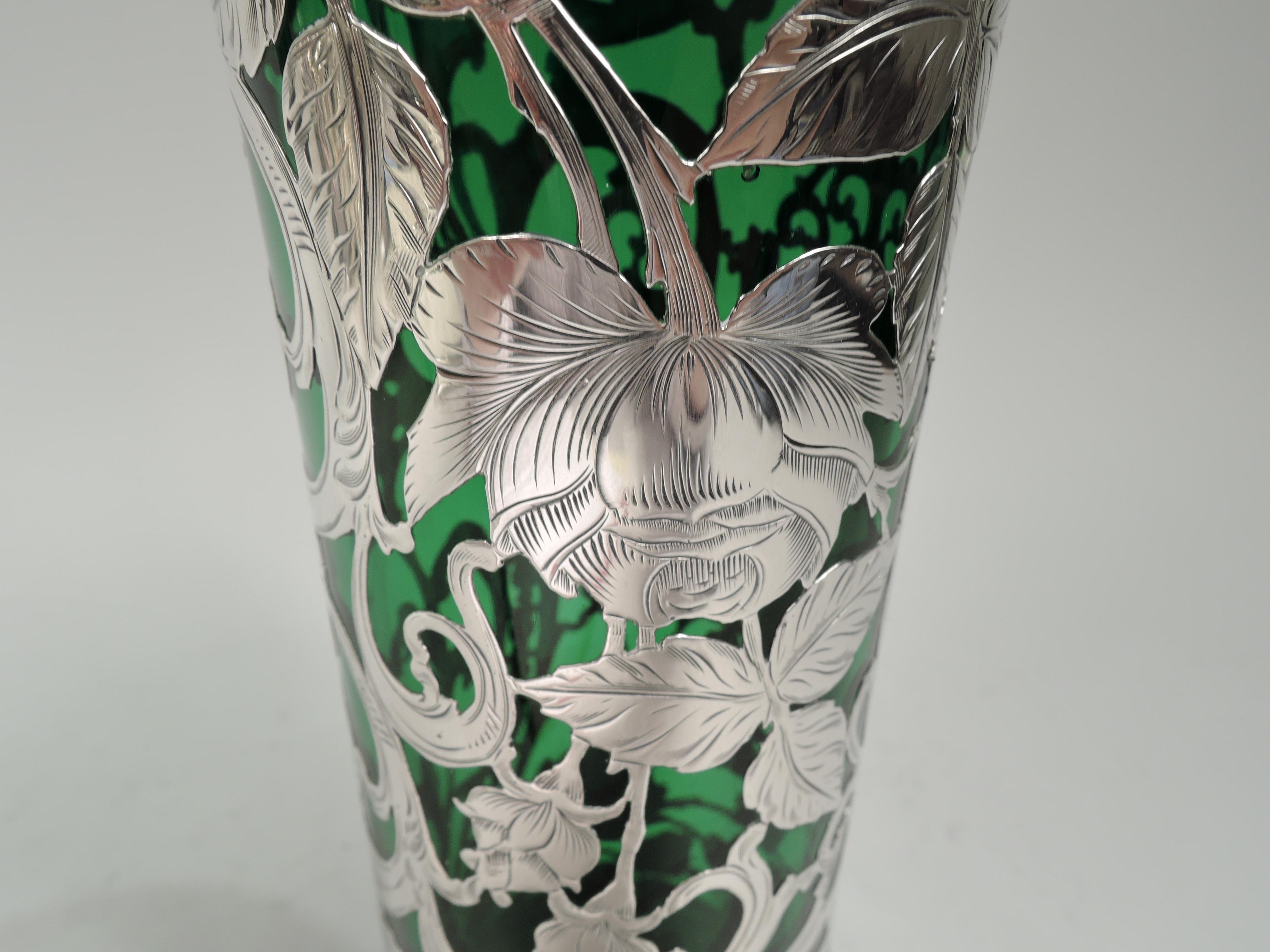 19th Century Antique Alvin American Art Nouveau Green Floral Silver Overlay Vase