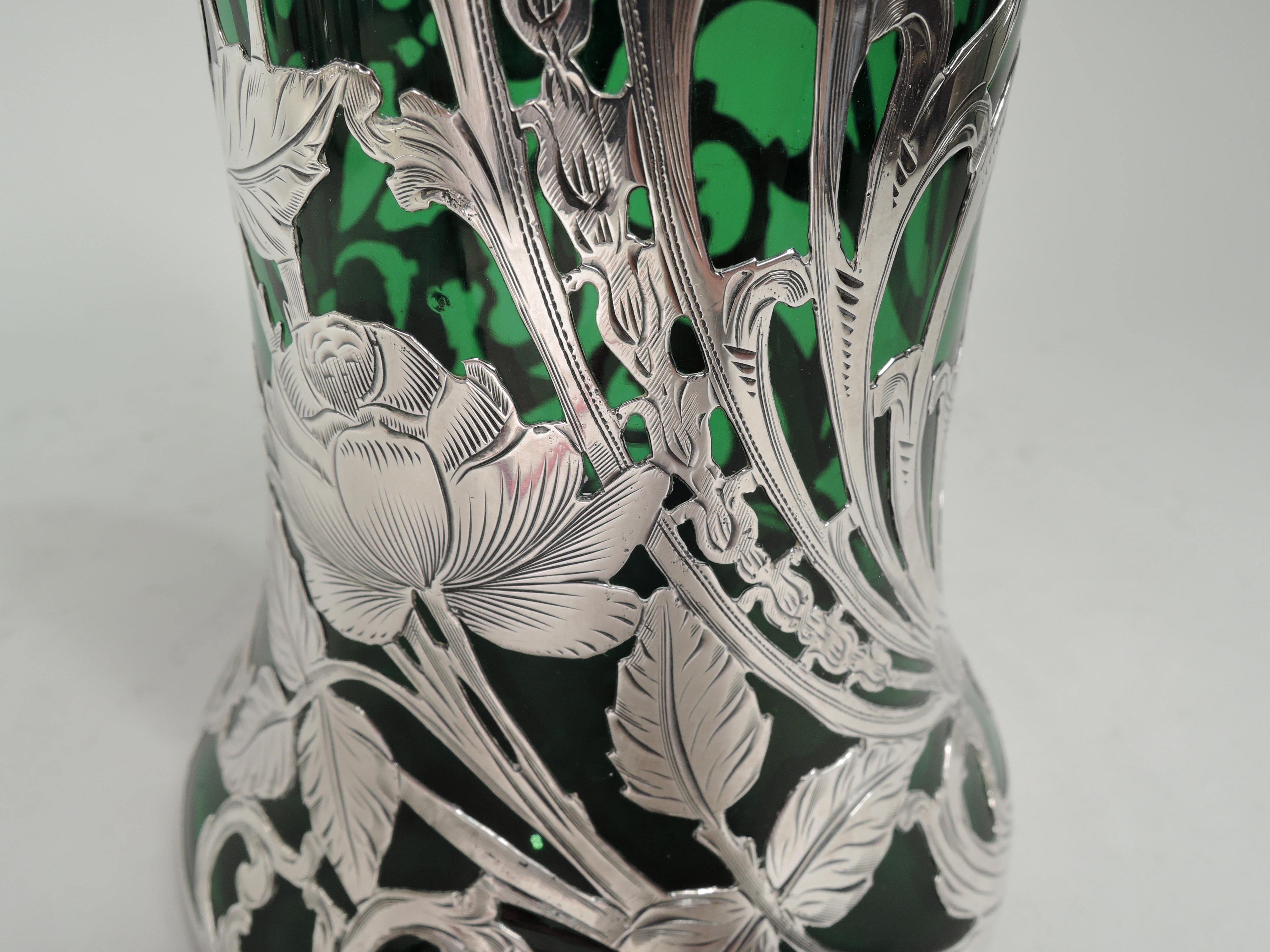 Glass Antique Alvin American Art Nouveau Green Floral Silver Overlay Vase
