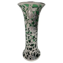 Antique Alvin American Art Nouveau Green Floral Silver Overlay Vase