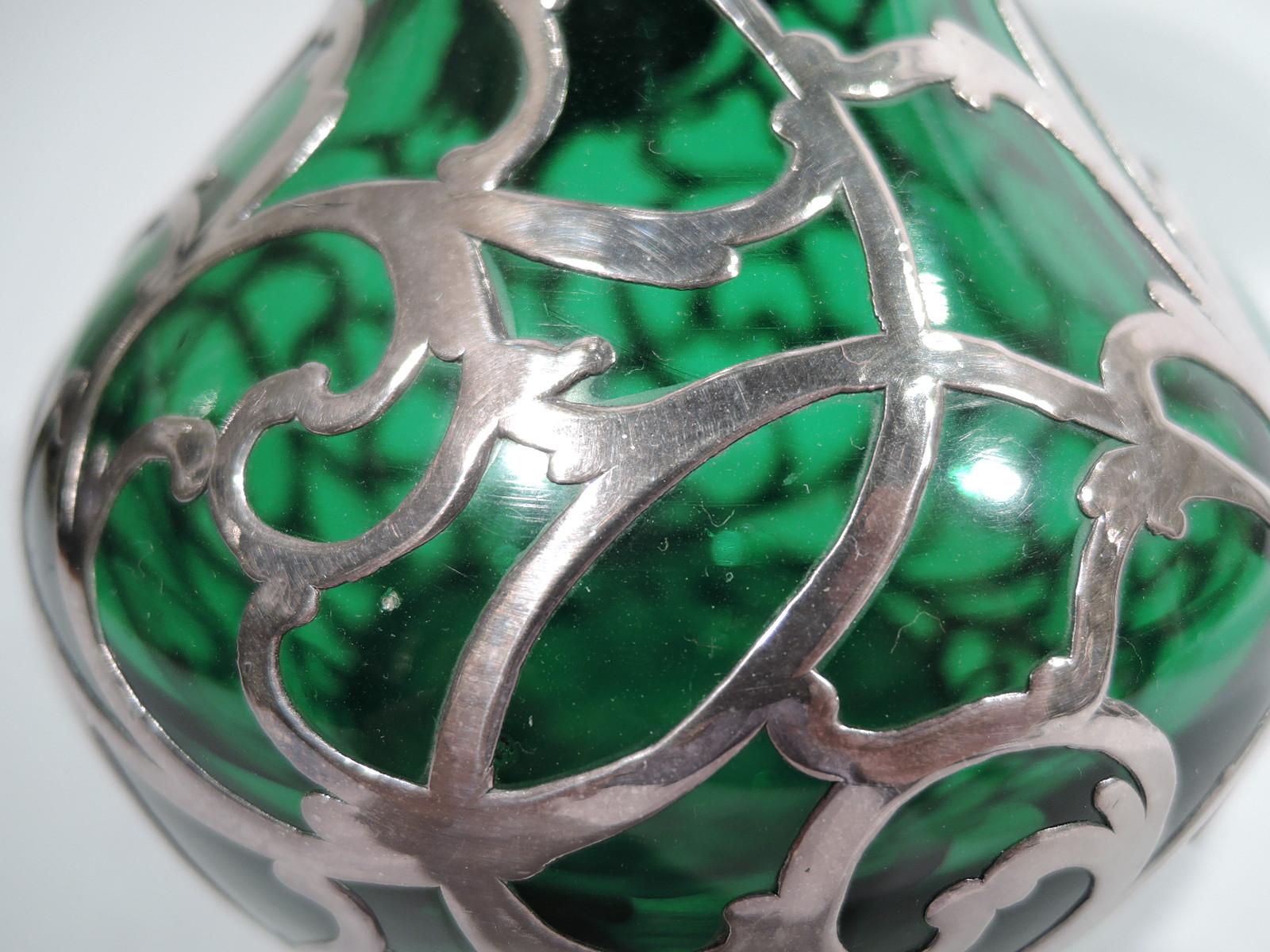Antique Alvin American Art Nouveau Green Silver Overlay Vase In Excellent Condition In New York, NY