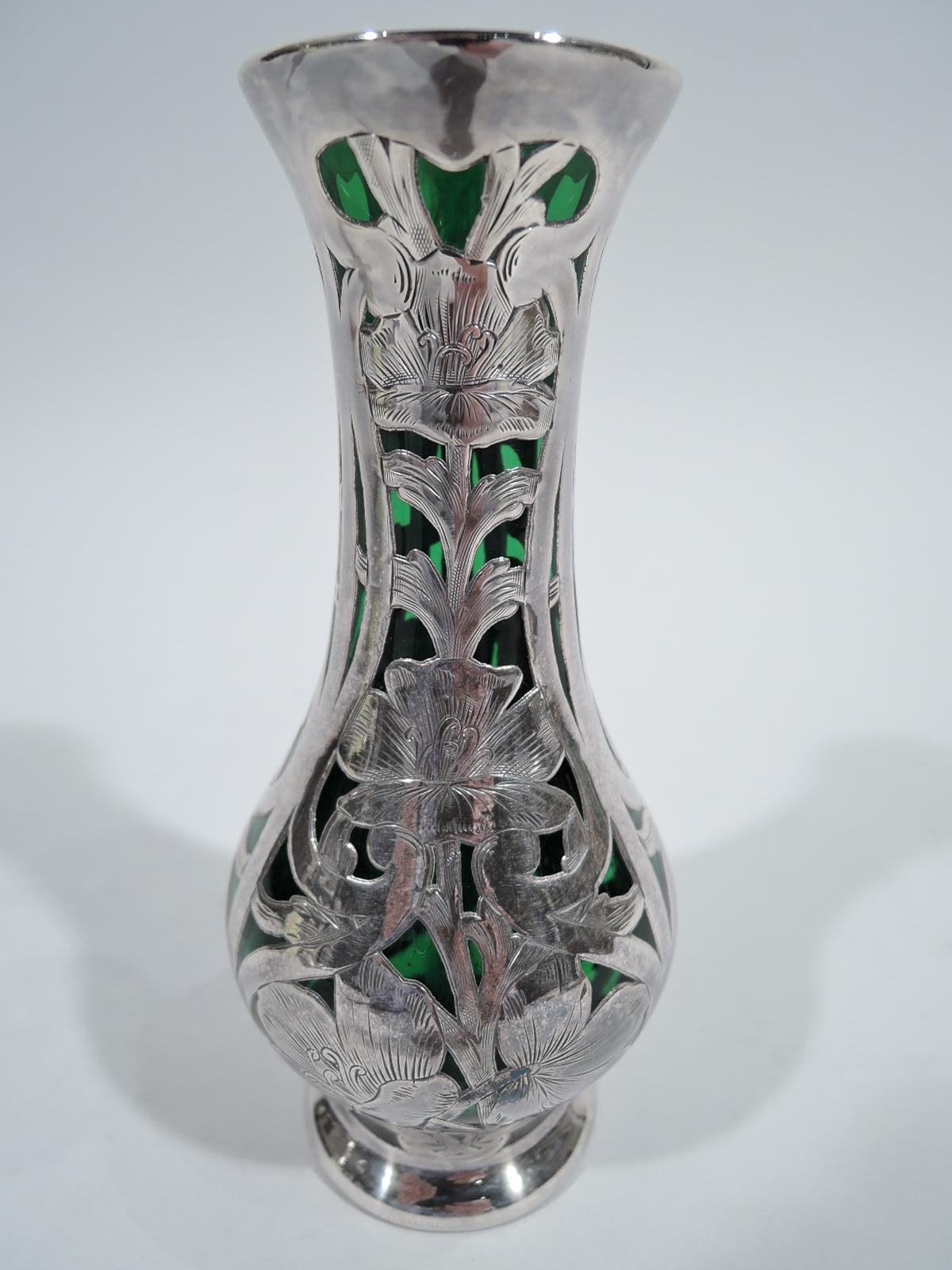 Antique Alvin American Art Nouveau Green Silver Overlay Vase In Excellent Condition For Sale In New York, NY