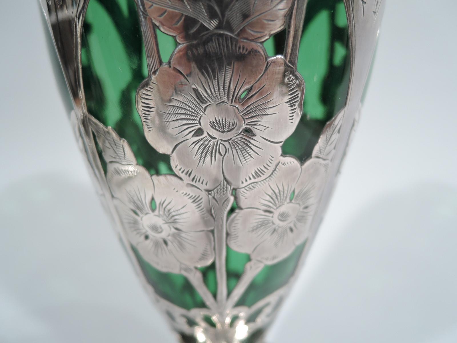 20th Century Antique Alvin American Art Nouveau Green Silver Overlay Vase