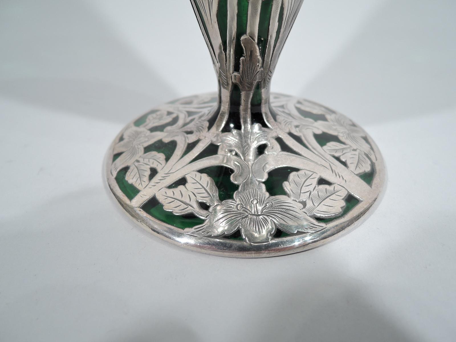 Antique Alvin American Art Nouveau Green Silver Overlay Vase 1