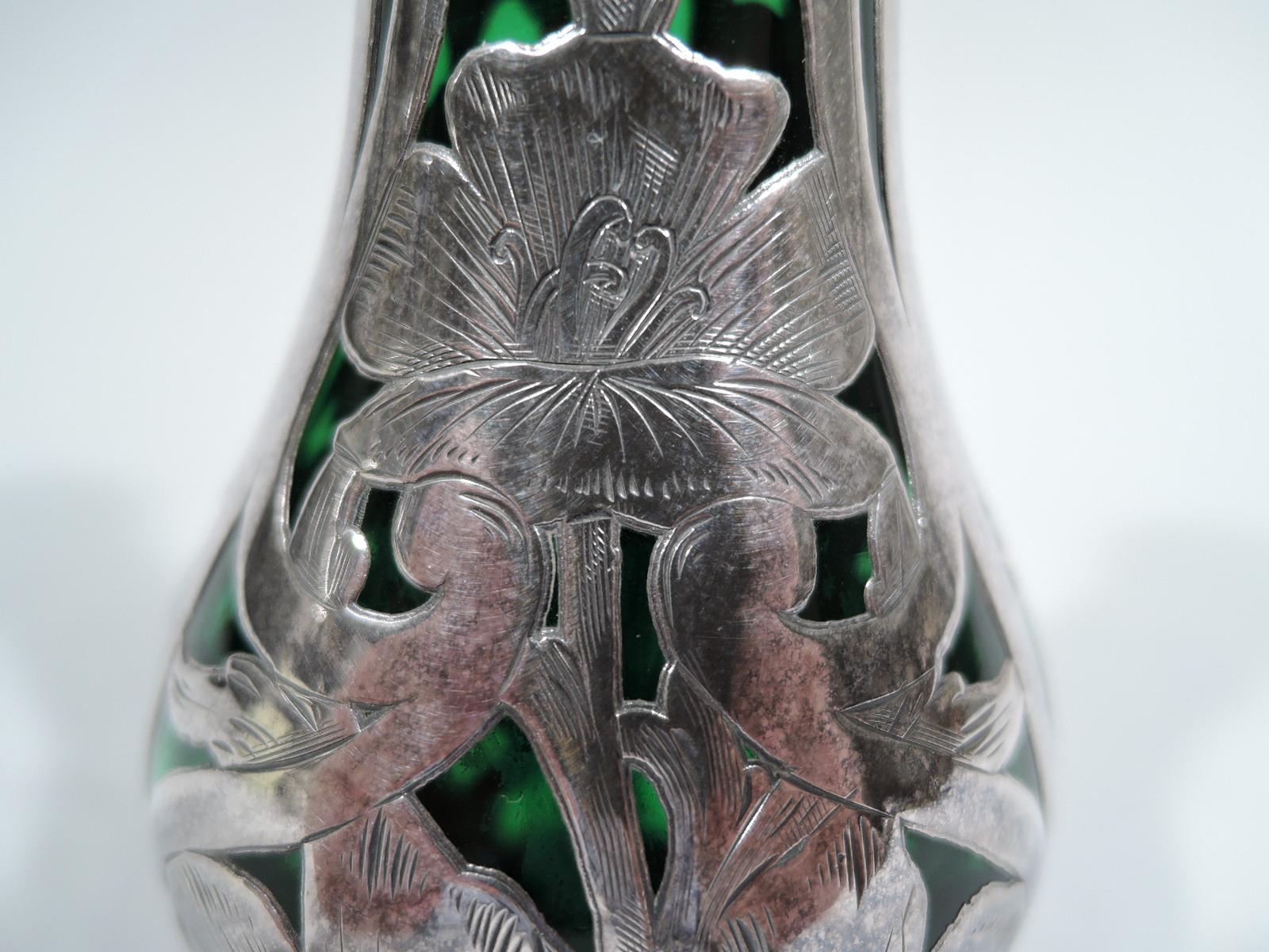 Antique Alvin American Art Nouveau Green Silver Overlay Vase For Sale 1