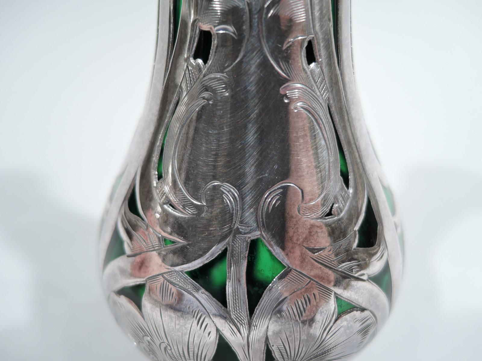 Antique Alvin American Art Nouveau Green Silver Overlay Vase For Sale 2