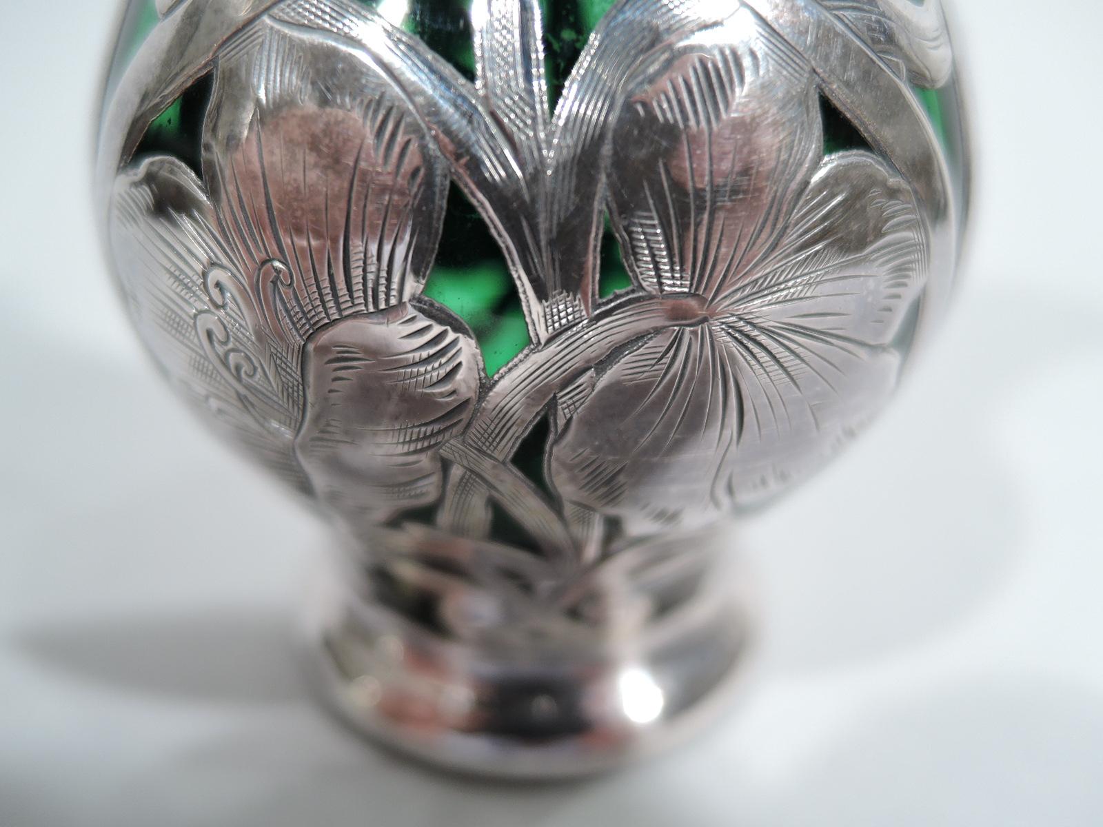 Antique Alvin American Art Nouveau Green Silver Overlay Vase For Sale 3