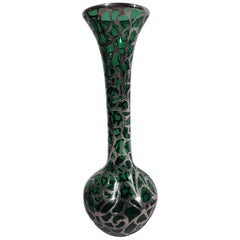 Antique Alvin American Art Nouveau Green Silver Overlay Vase