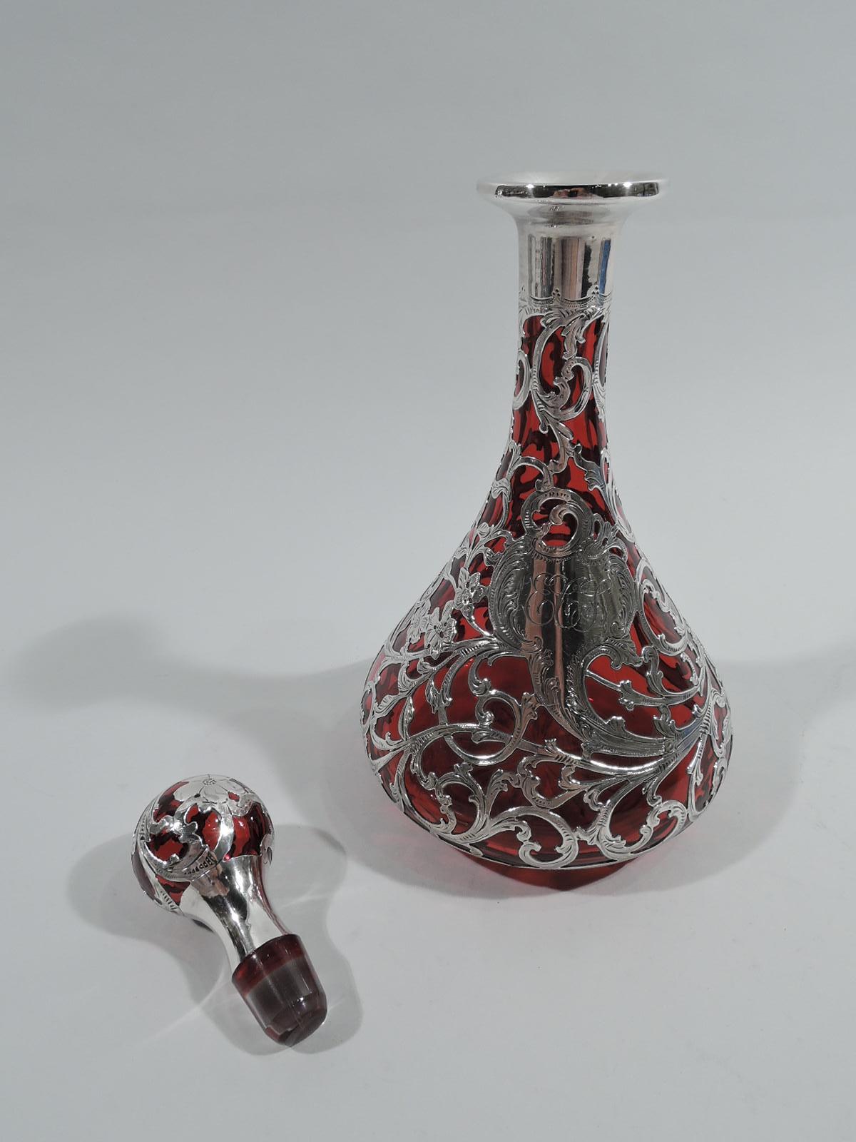 Antique Alvin American Art Nouveau Red Silver Overlay Decanter In Excellent Condition In New York, NY