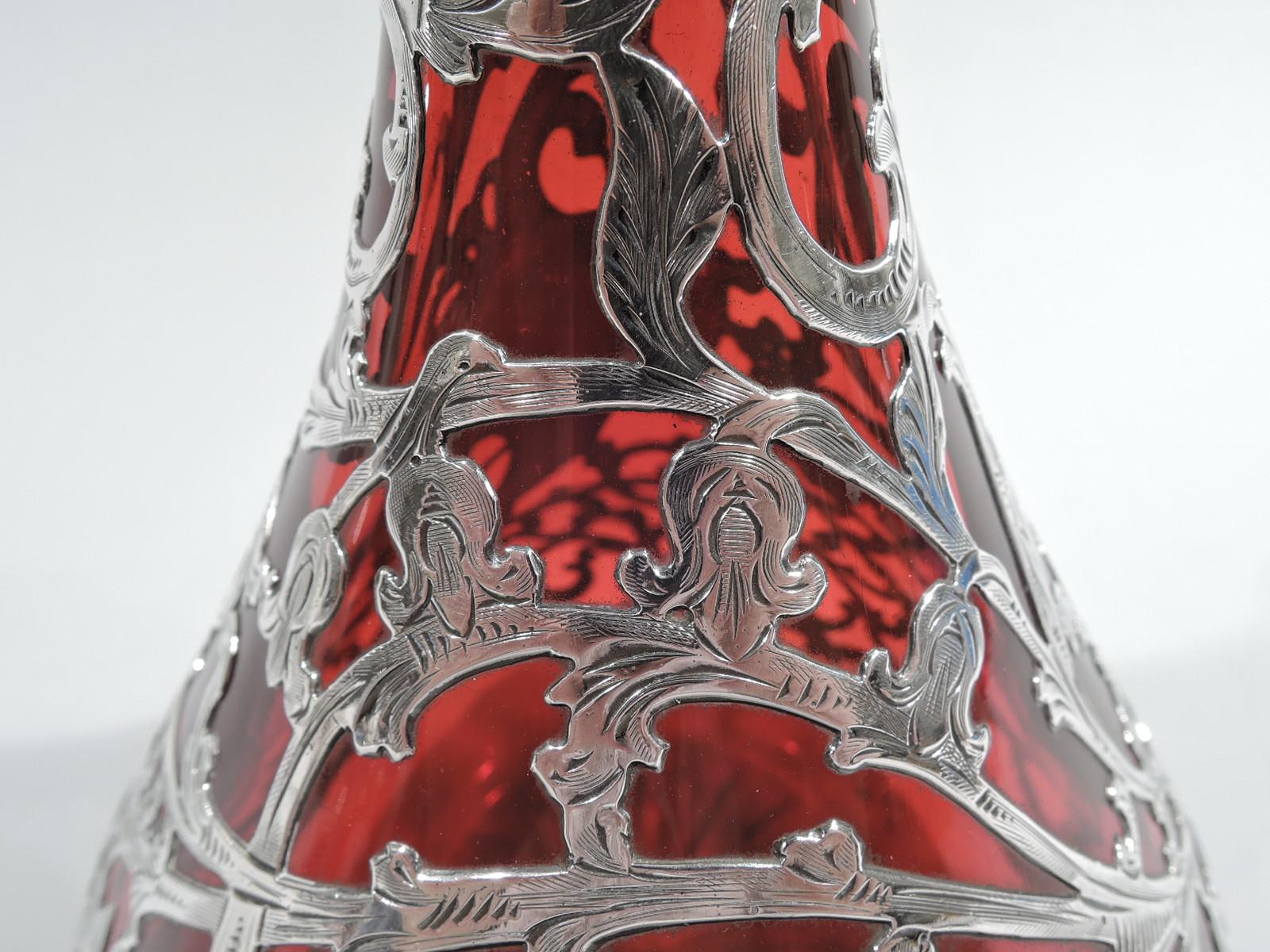 20th Century Antique Alvin American Art Nouveau Red Silver Overlay Decanter