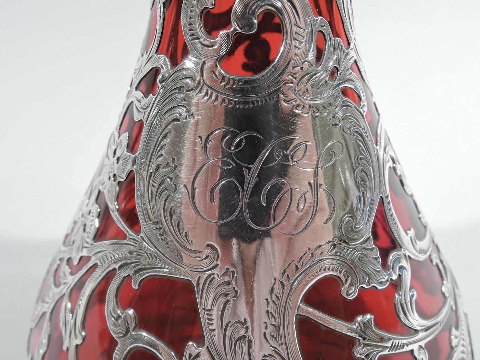 Antique Alvin American Art Nouveau Red Silver Overlay Decanter 1