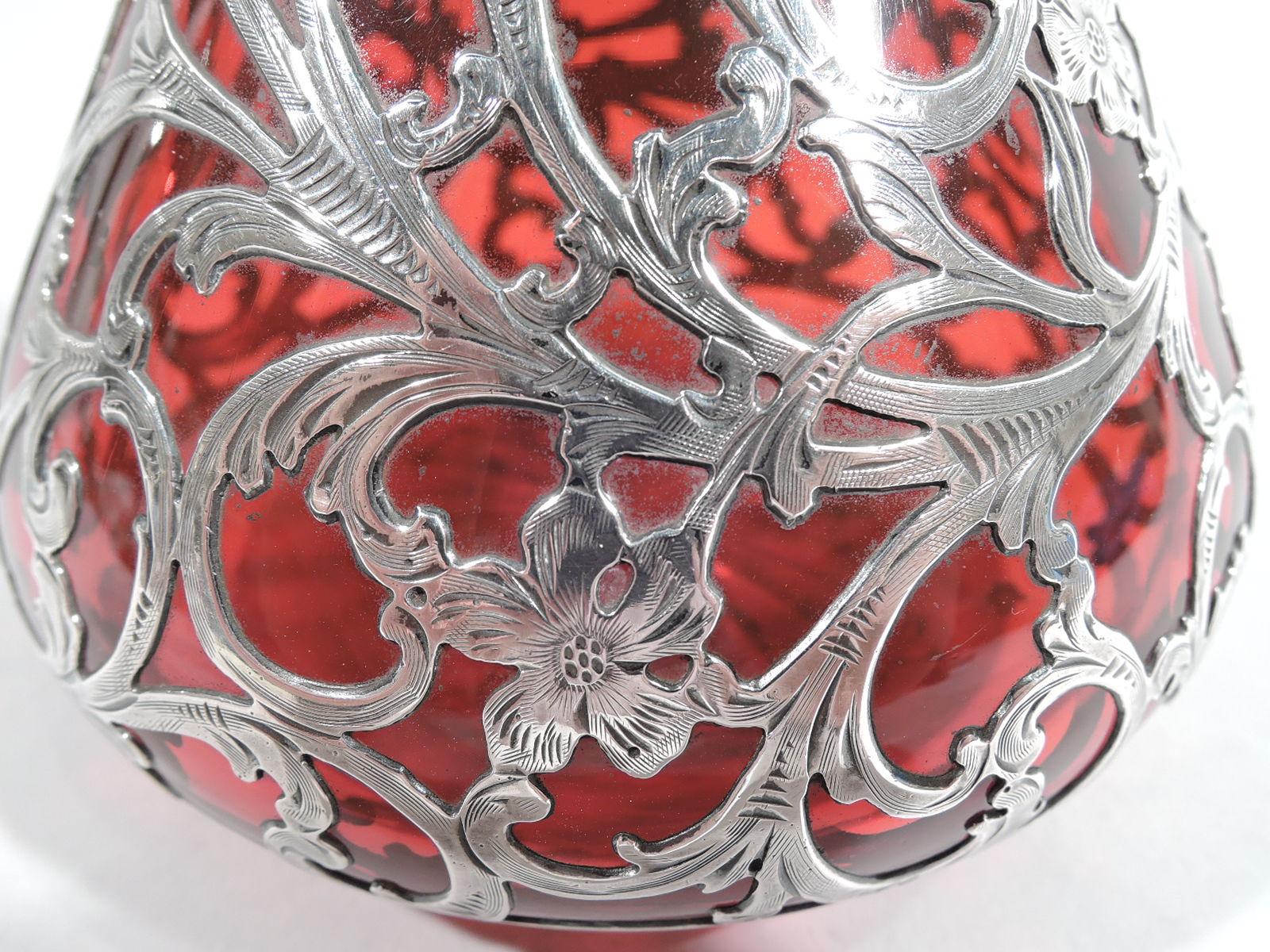 Antique Alvin American Art Nouveau Red Silver Overlay Decanter 2