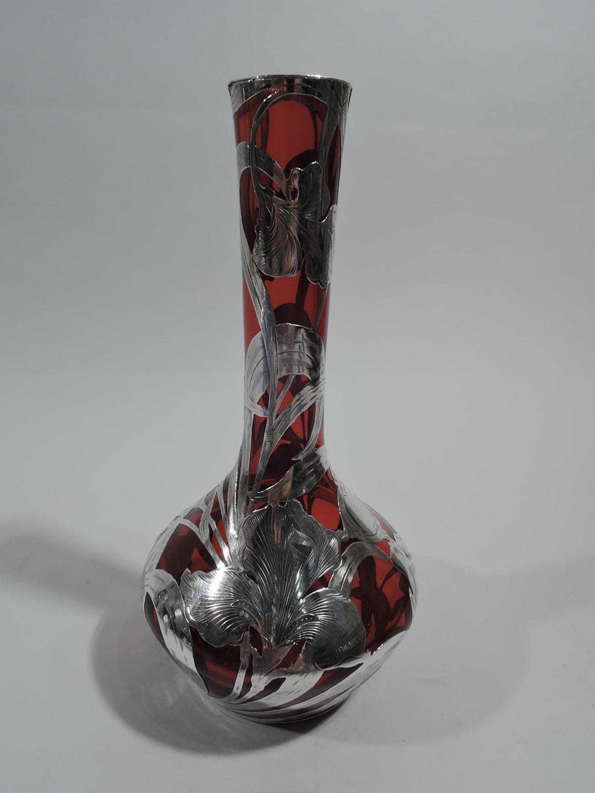 Antique Alvin American Art Nouveau Red Silver Overlay Vase In Excellent Condition In New York, NY