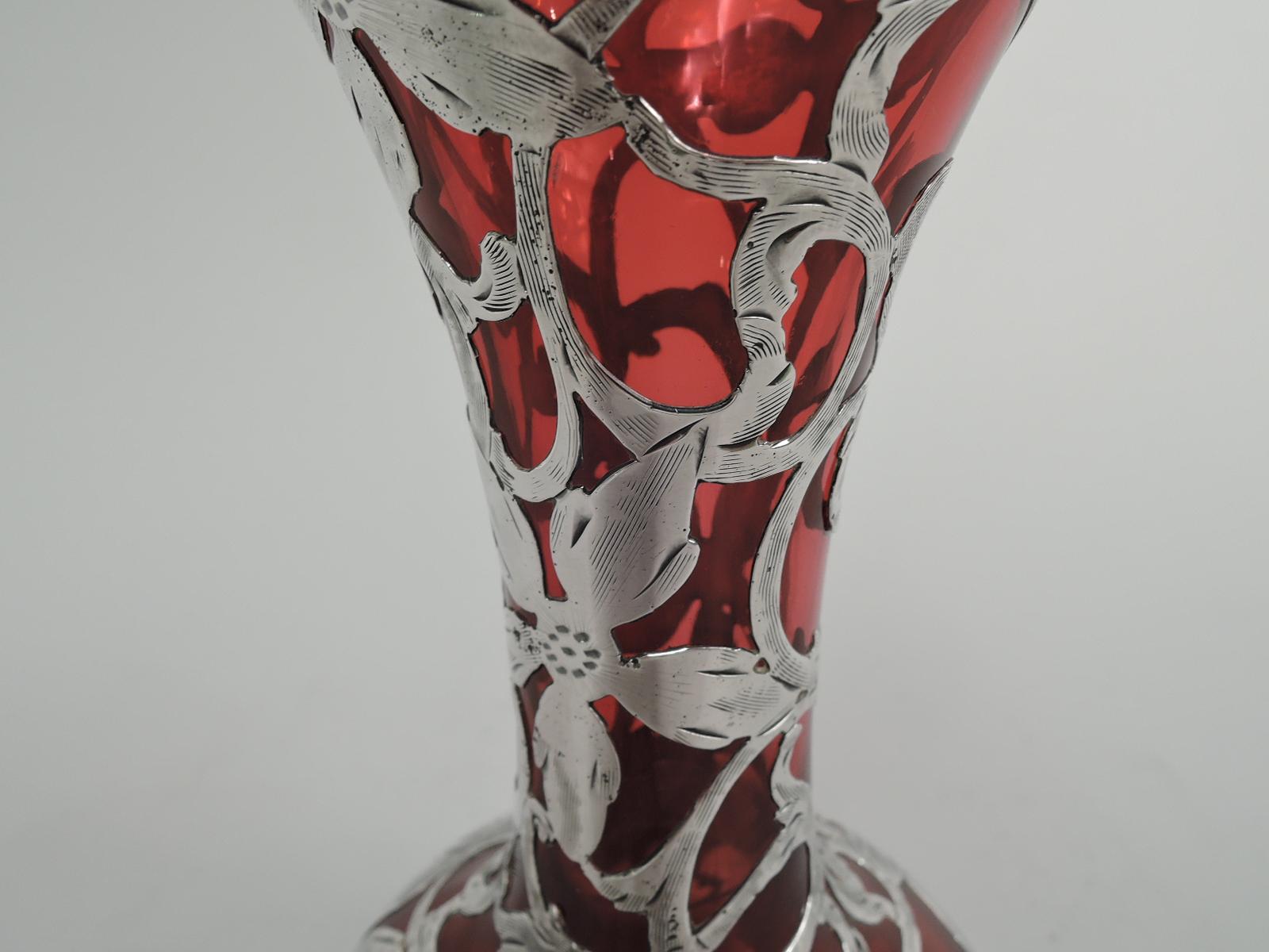 20th Century Antique Alvin American Art Nouveau Red Silver Overlay Vase