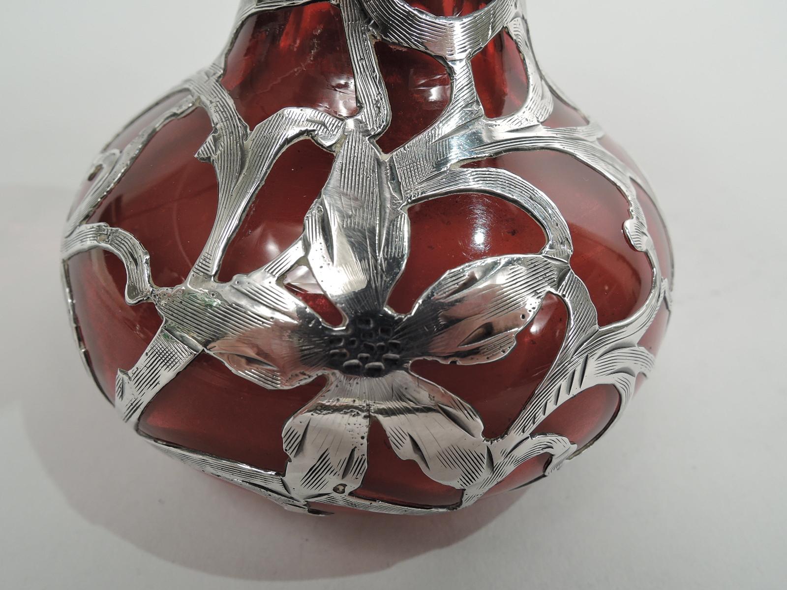 Antique Alvin American Art Nouveau Red Silver Overlay Vase 1