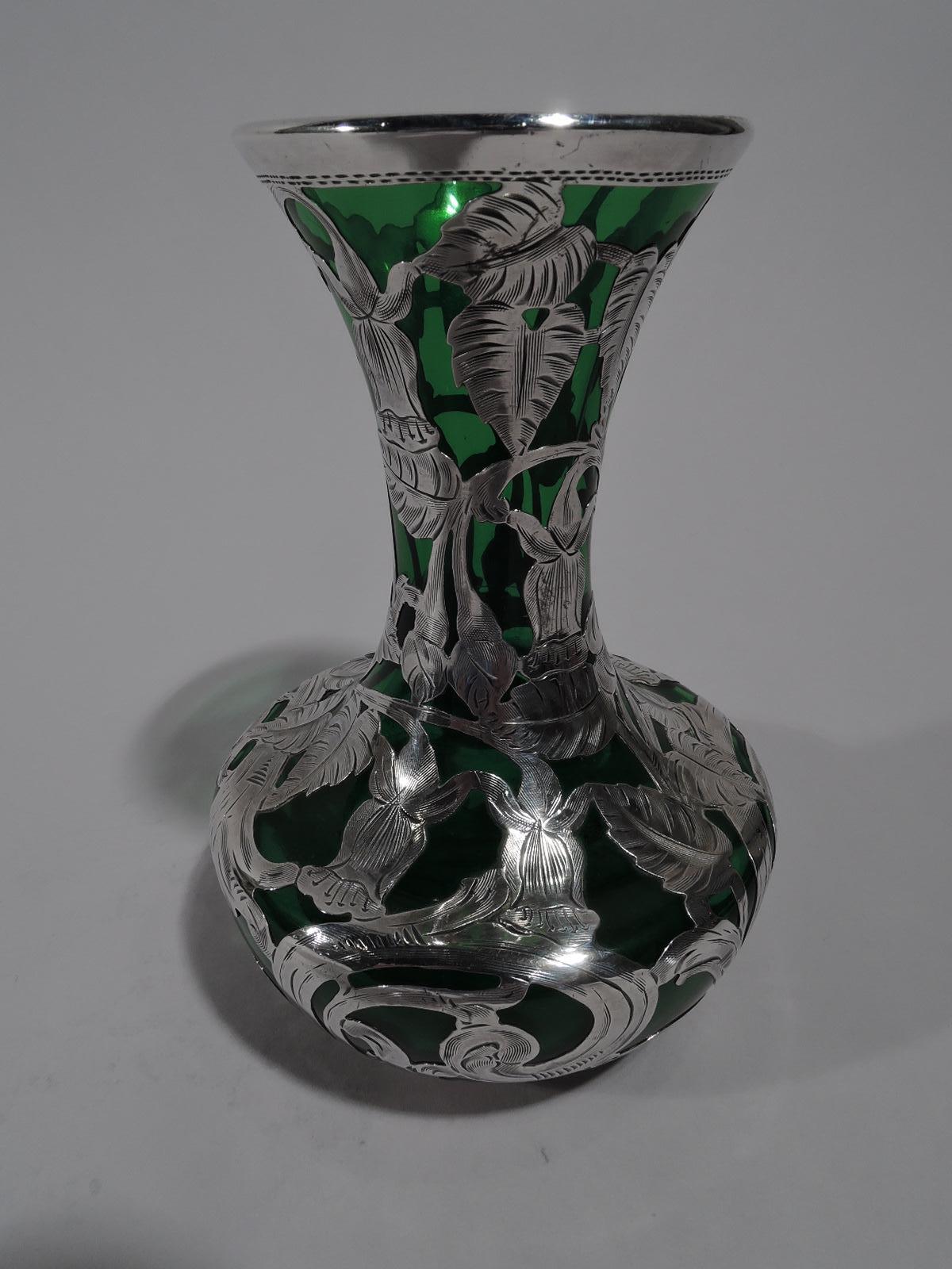 American Antique Alvin Art Nouveau Green Glass Vase with Silver Overlay
