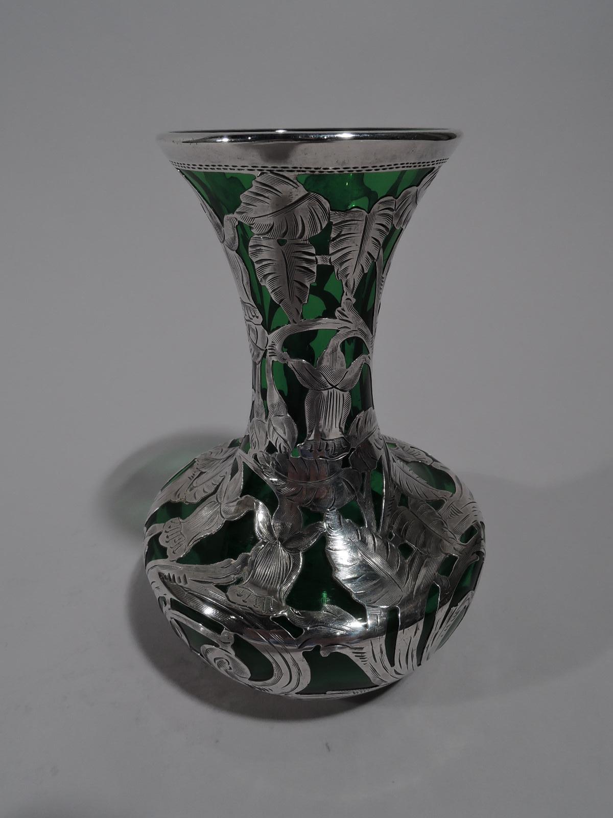 Antique Alvin Art Nouveau Green Glass Vase with Silver Overlay In Excellent Condition In New York, NY