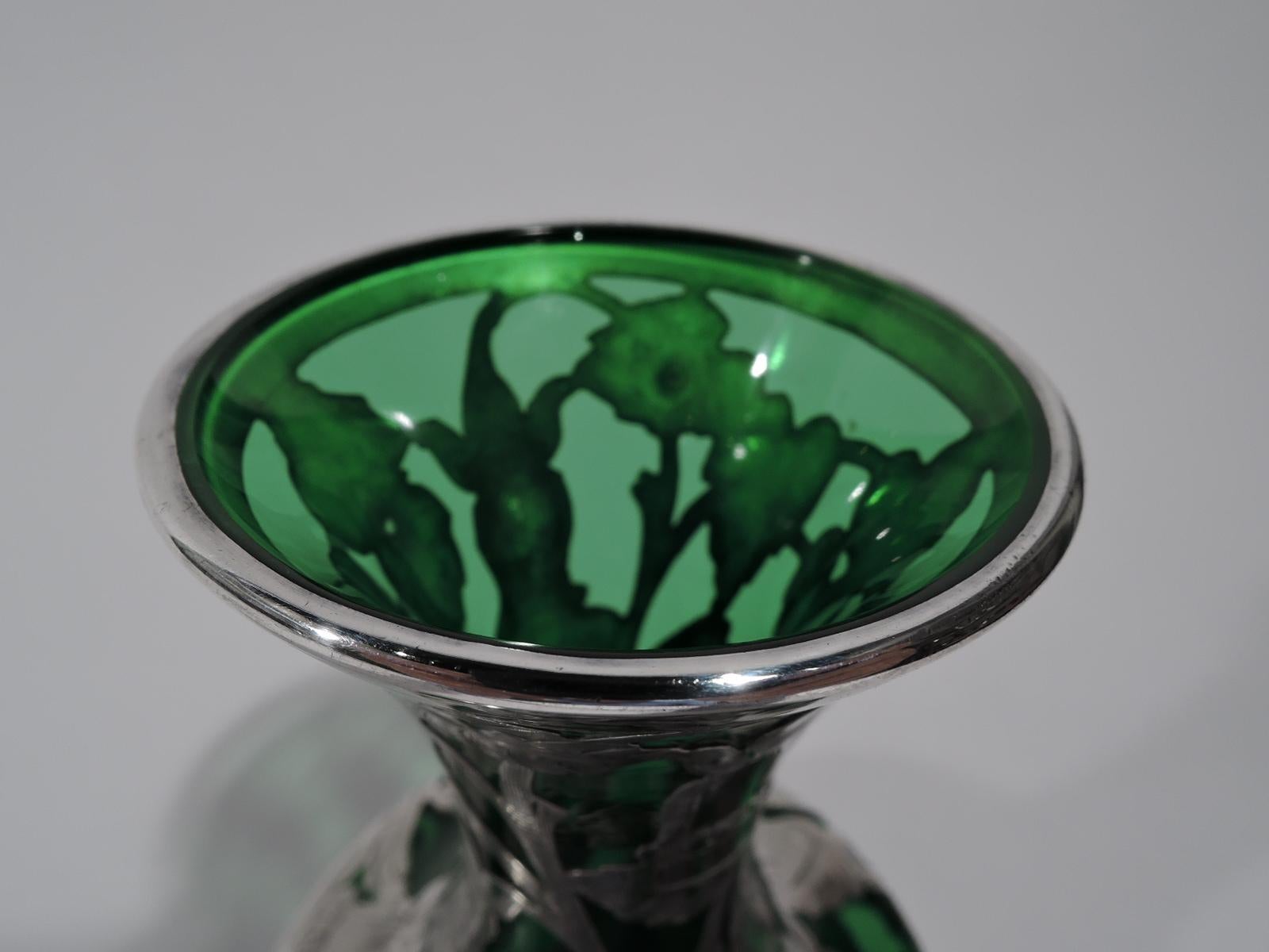 20th Century Antique Alvin Art Nouveau Green Glass Vase with Silver Overlay