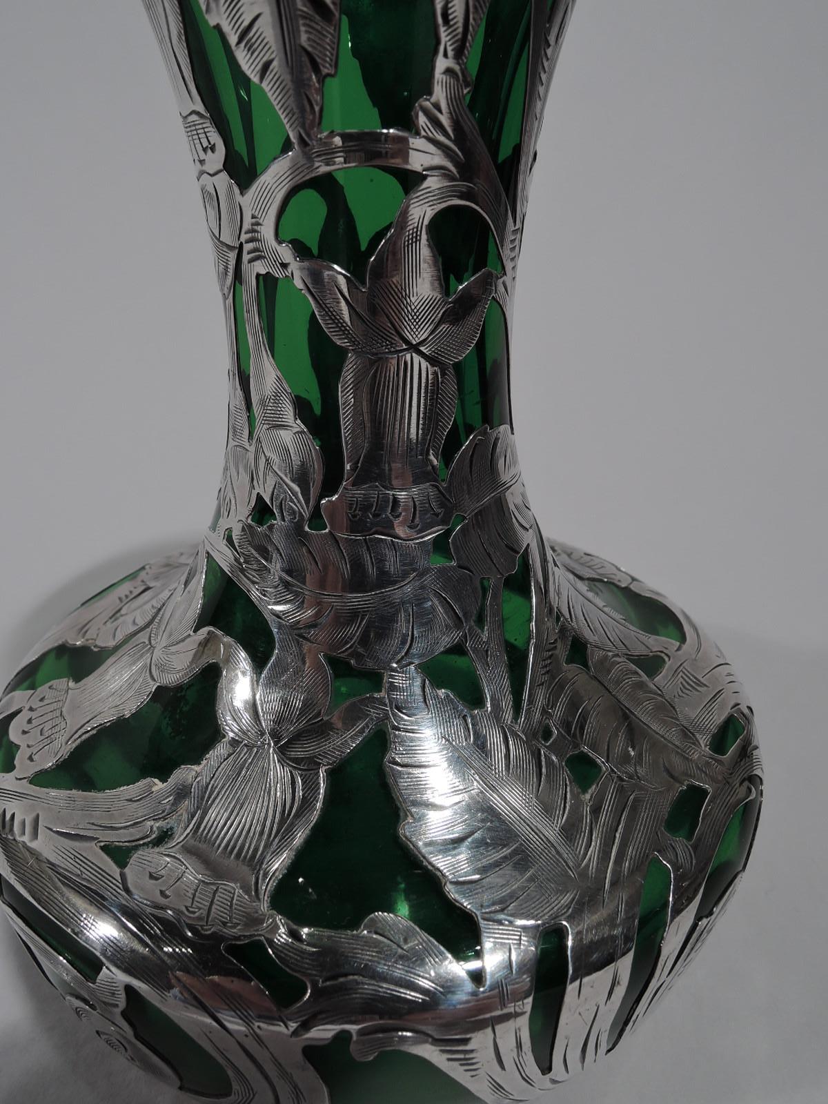 Antique Alvin Art Nouveau Green Glass Vase with Silver Overlay 1