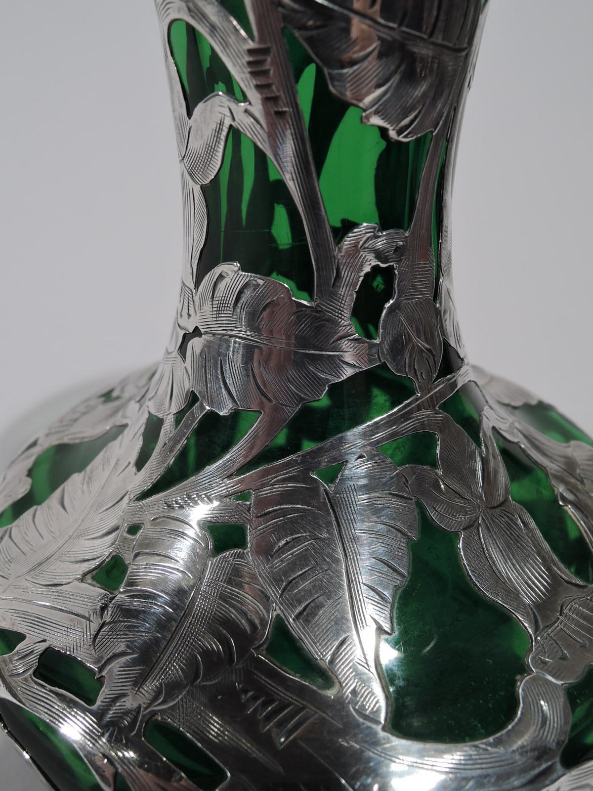 Antique Alvin Art Nouveau Green Glass Vase with Silver Overlay 2