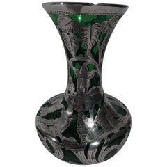 Antique Alvin Art Nouveau Green Glass Vase with Silver Overlay