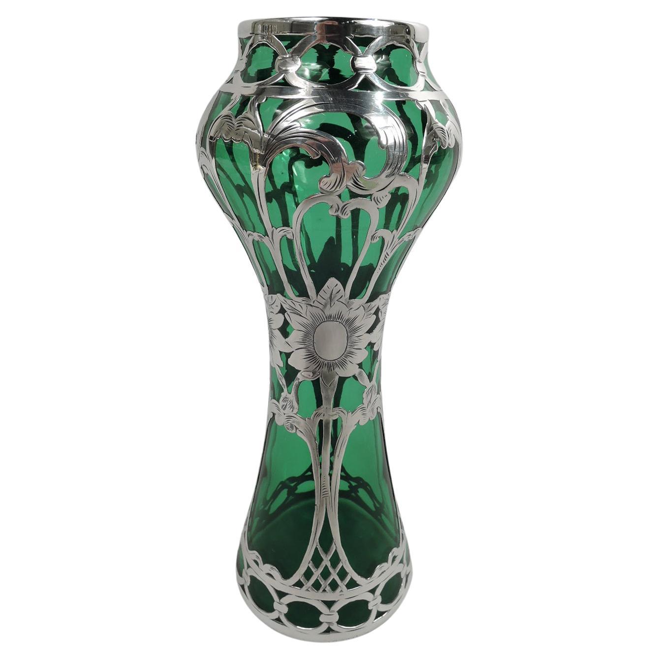 Art Nouveau Green Glass Silver Overlay Vase c.1900 For Sale at 1stDibs