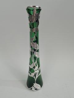 Antique Alvin Art Nouveau Green Silver Overlay Vase