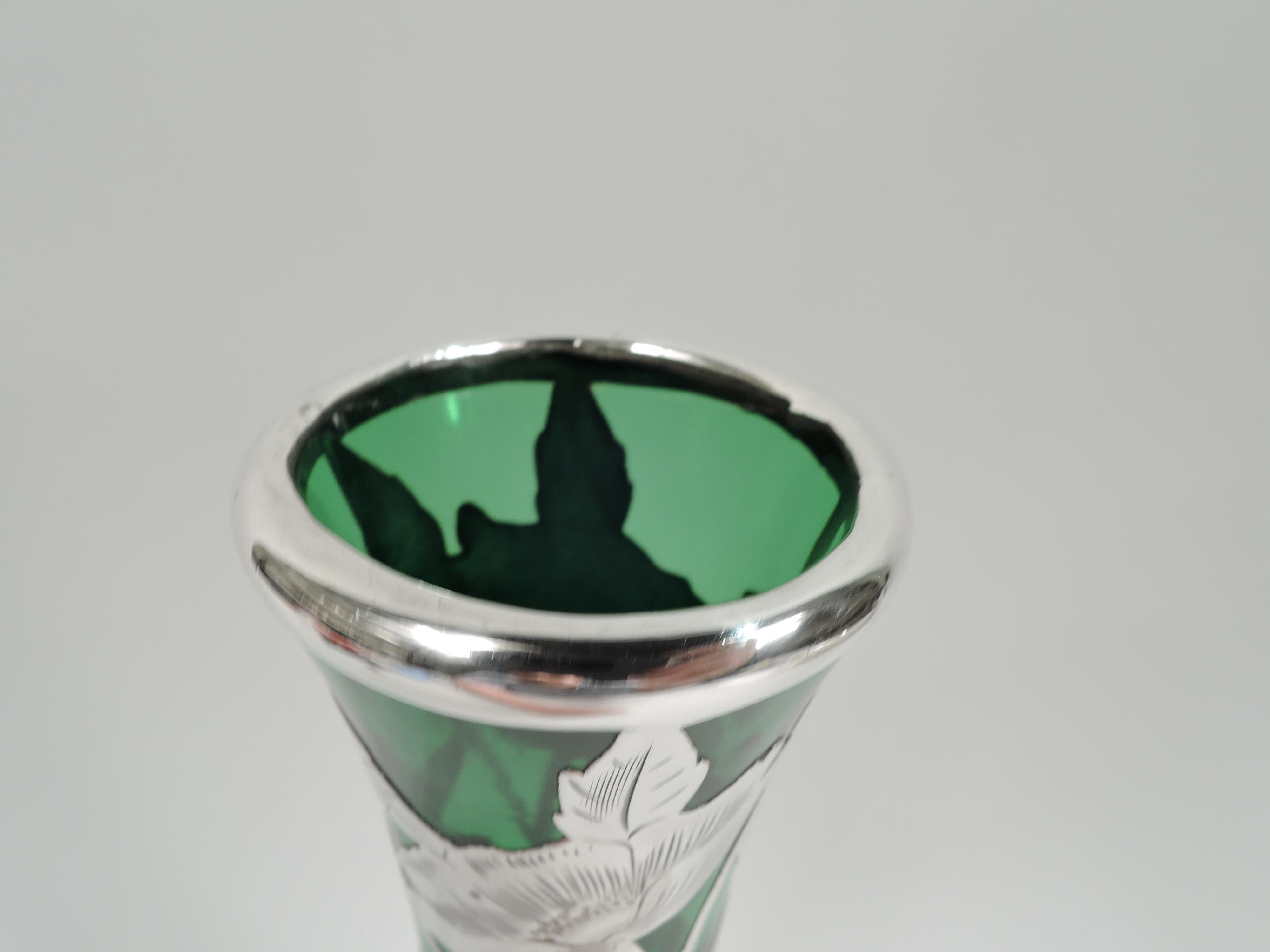 American Antique Alvin Art Nouveau Green Silver Overlay Vase