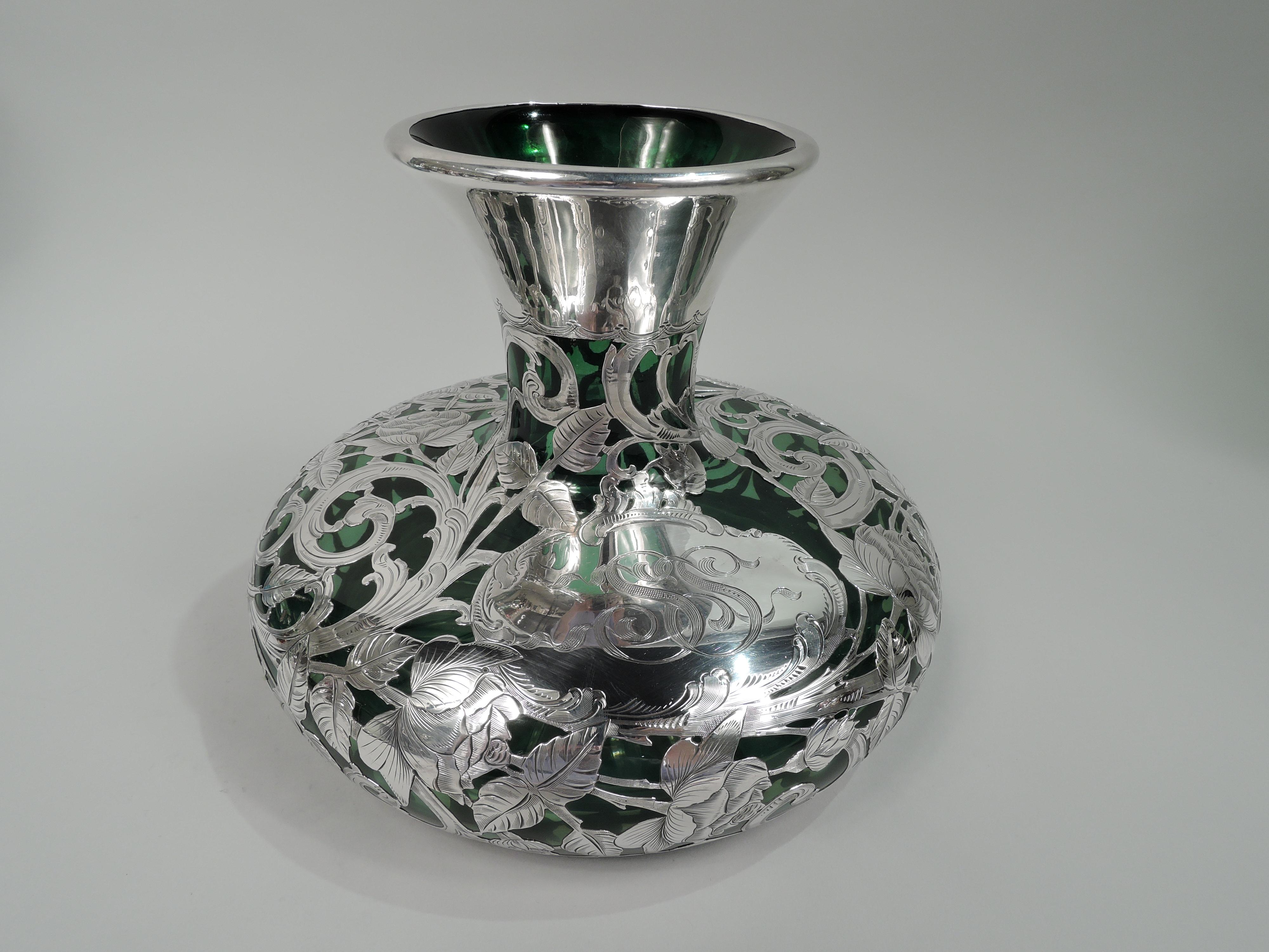 American Antique Alvin Art Nouveau Green Silver Overlay Vase For Sale