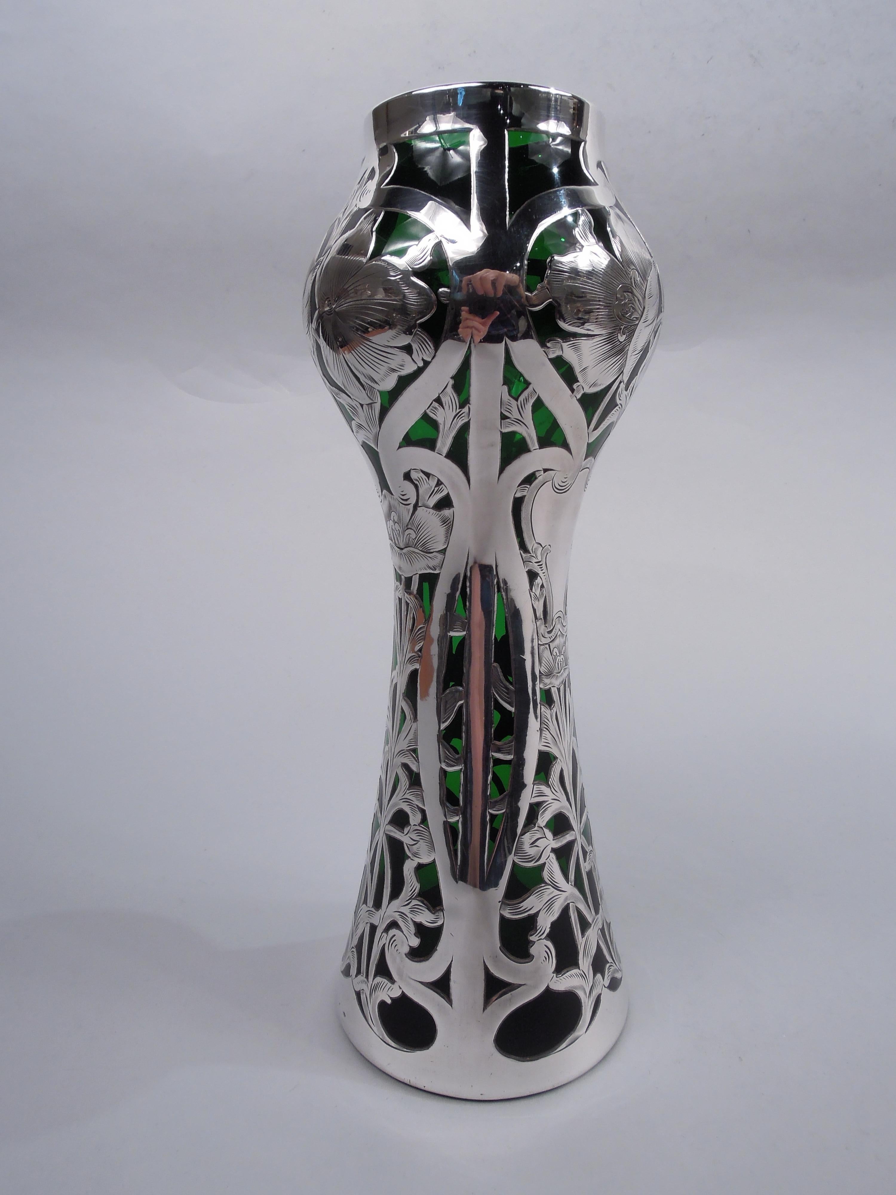 American Antique Alvin Art Nouveau Green Silver Overlay Vase For Sale