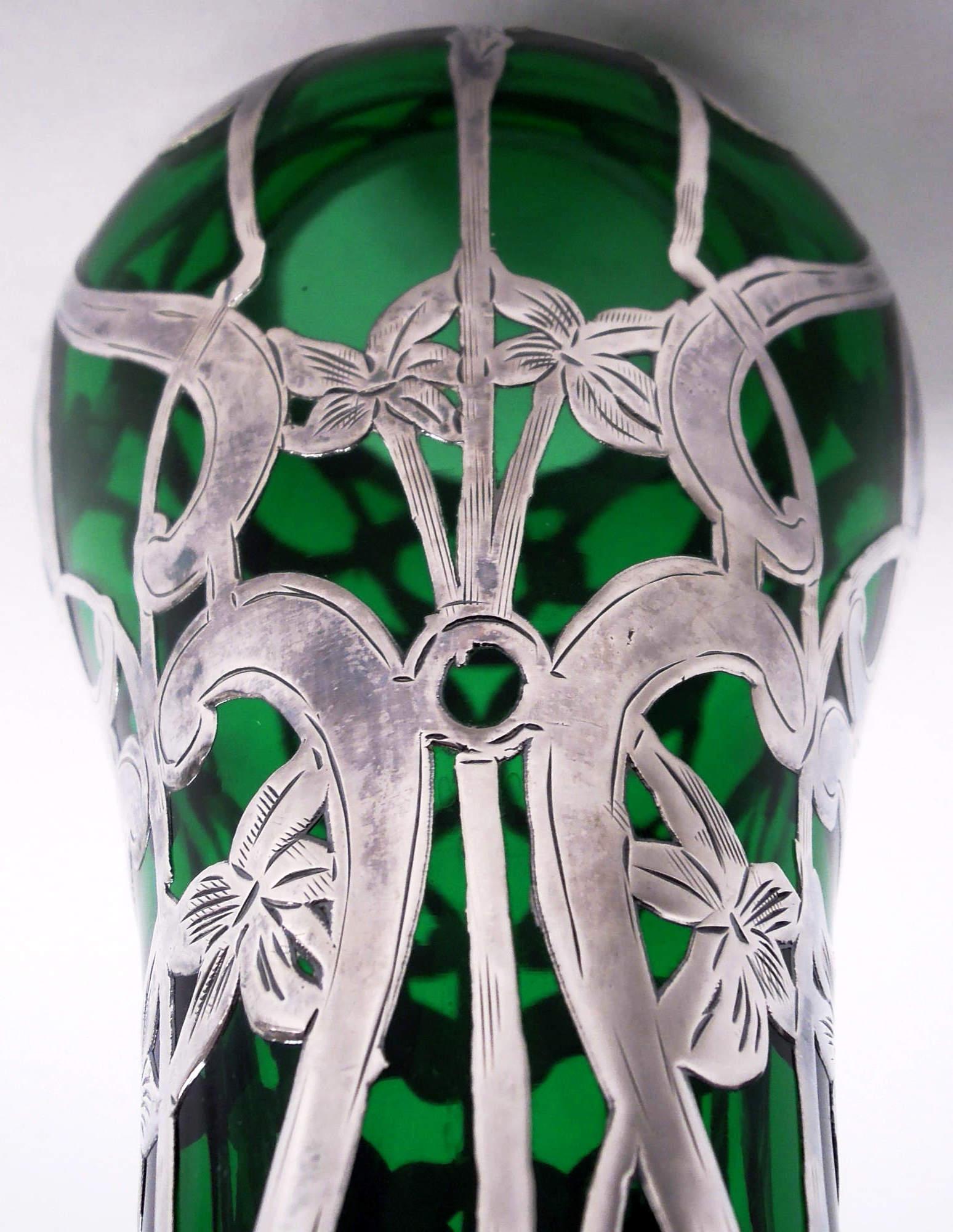 American Antique Alvin Art Nouveau Green Silver Overlay Vase For Sale