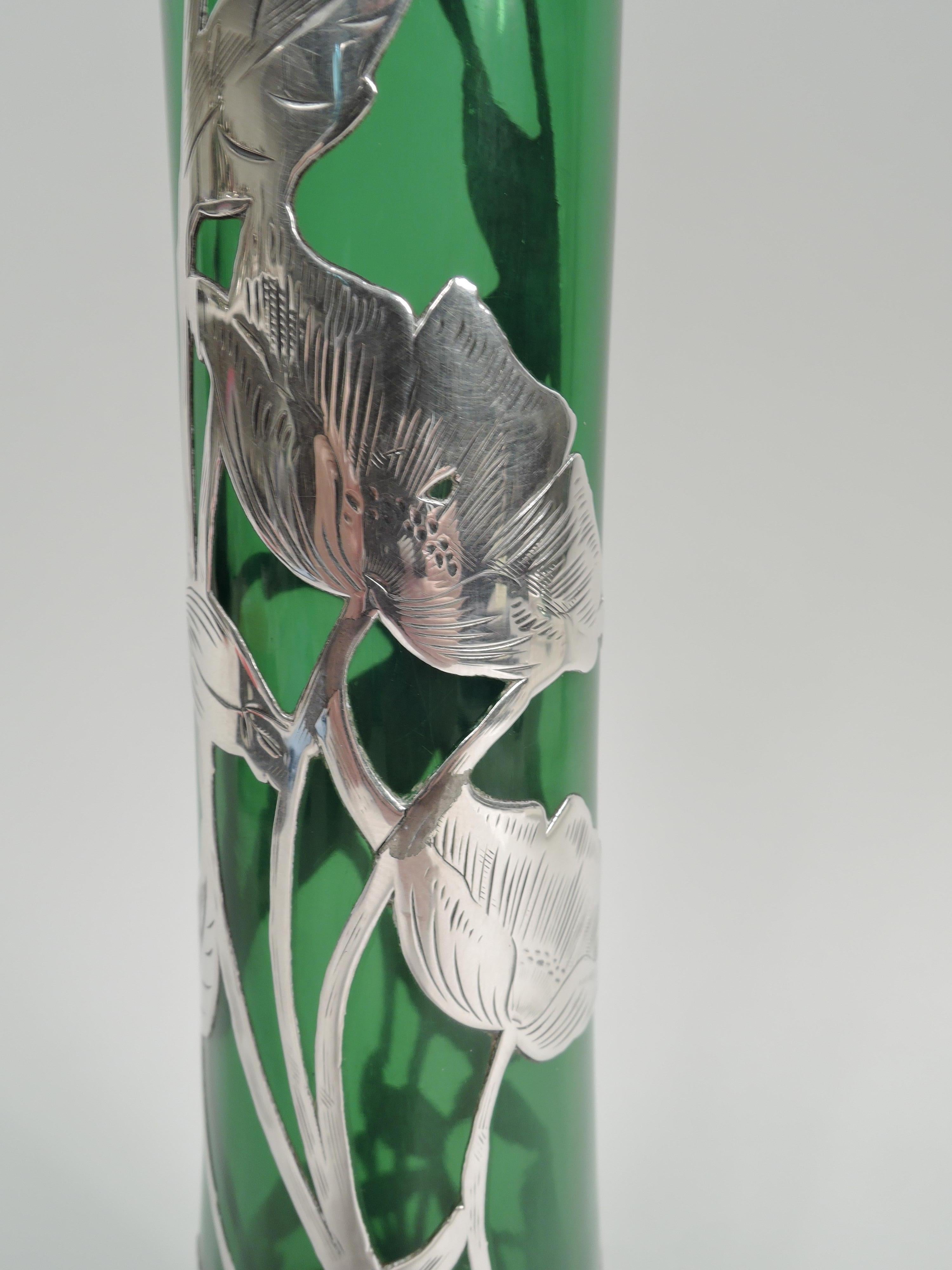 Antique Alvin Art Nouveau Green Silver Overlay Vase In Excellent Condition In New York, NY
