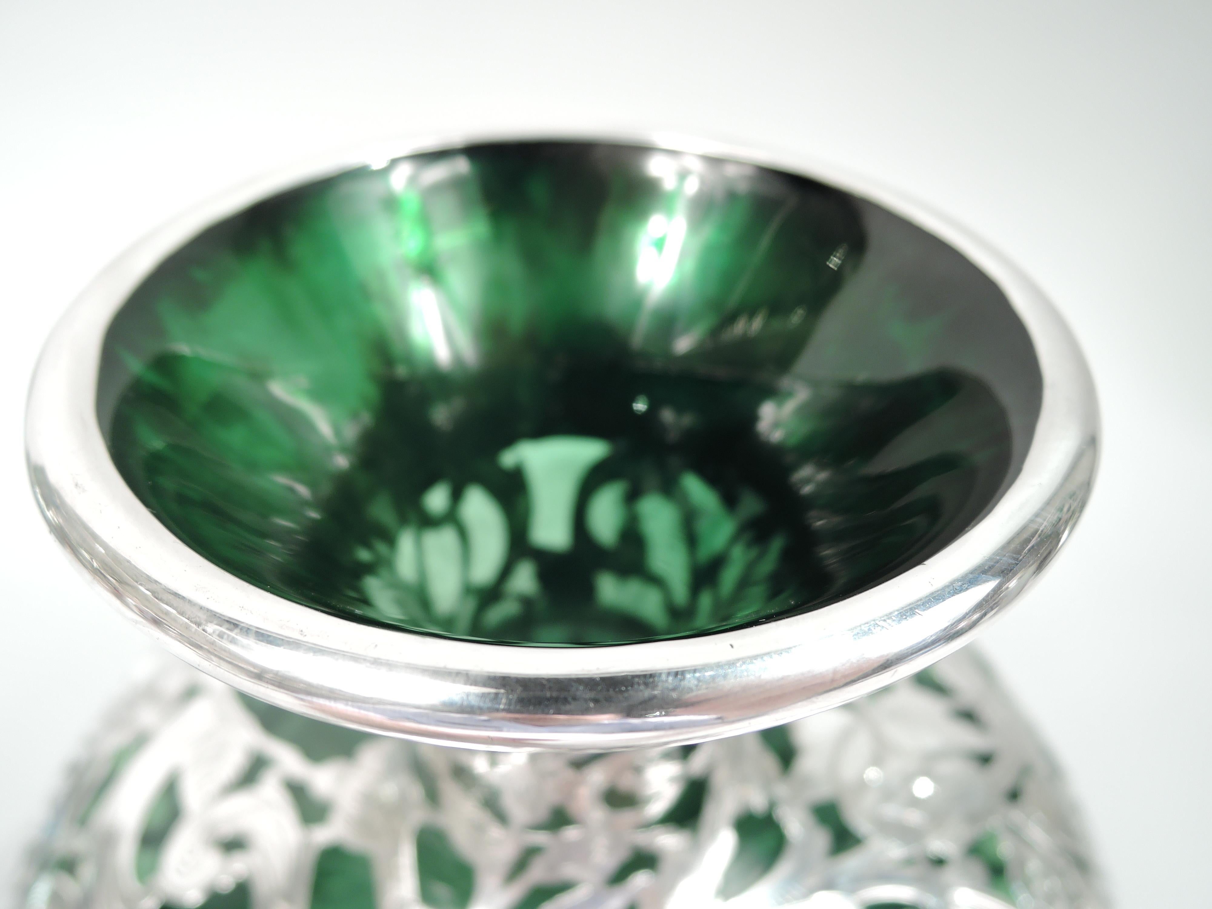 Antique Alvin Art Nouveau Green Silver Overlay Vase In Good Condition For Sale In New York, NY