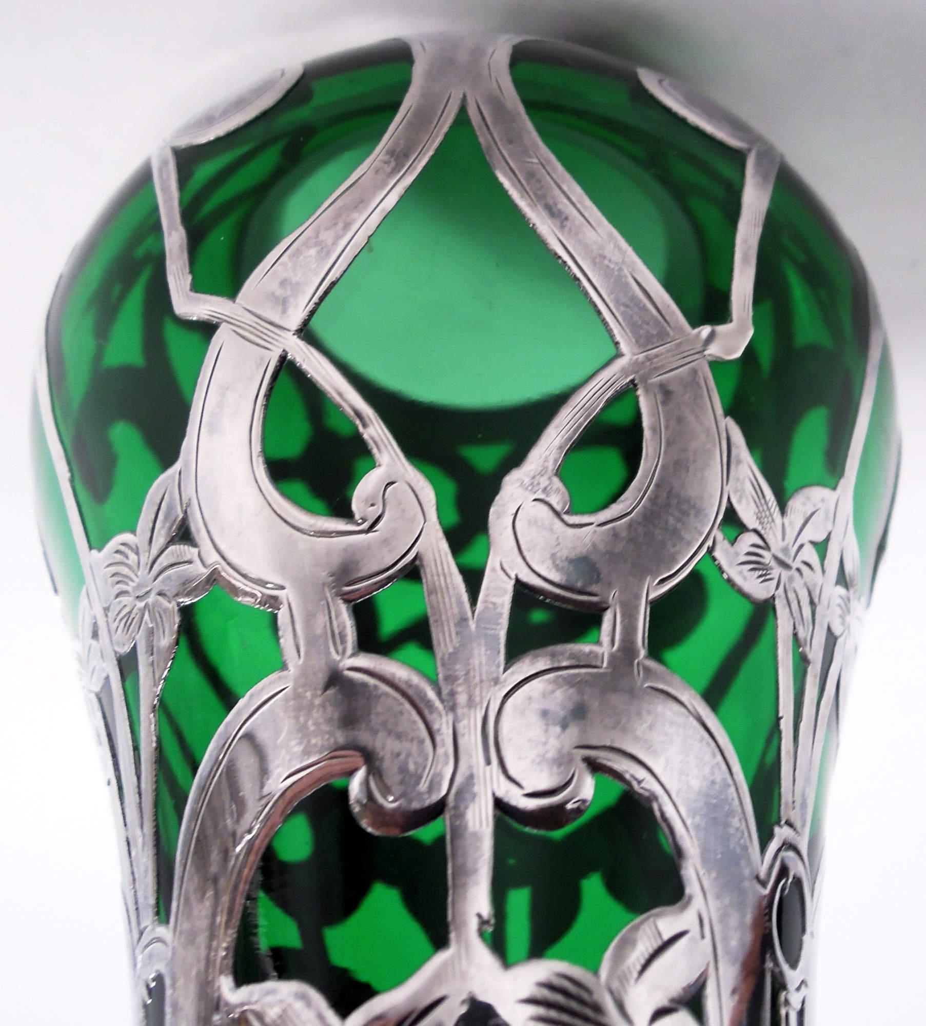 Antique Alvin Art Nouveau Green Silver Overlay Vase In Good Condition For Sale In New York, NY
