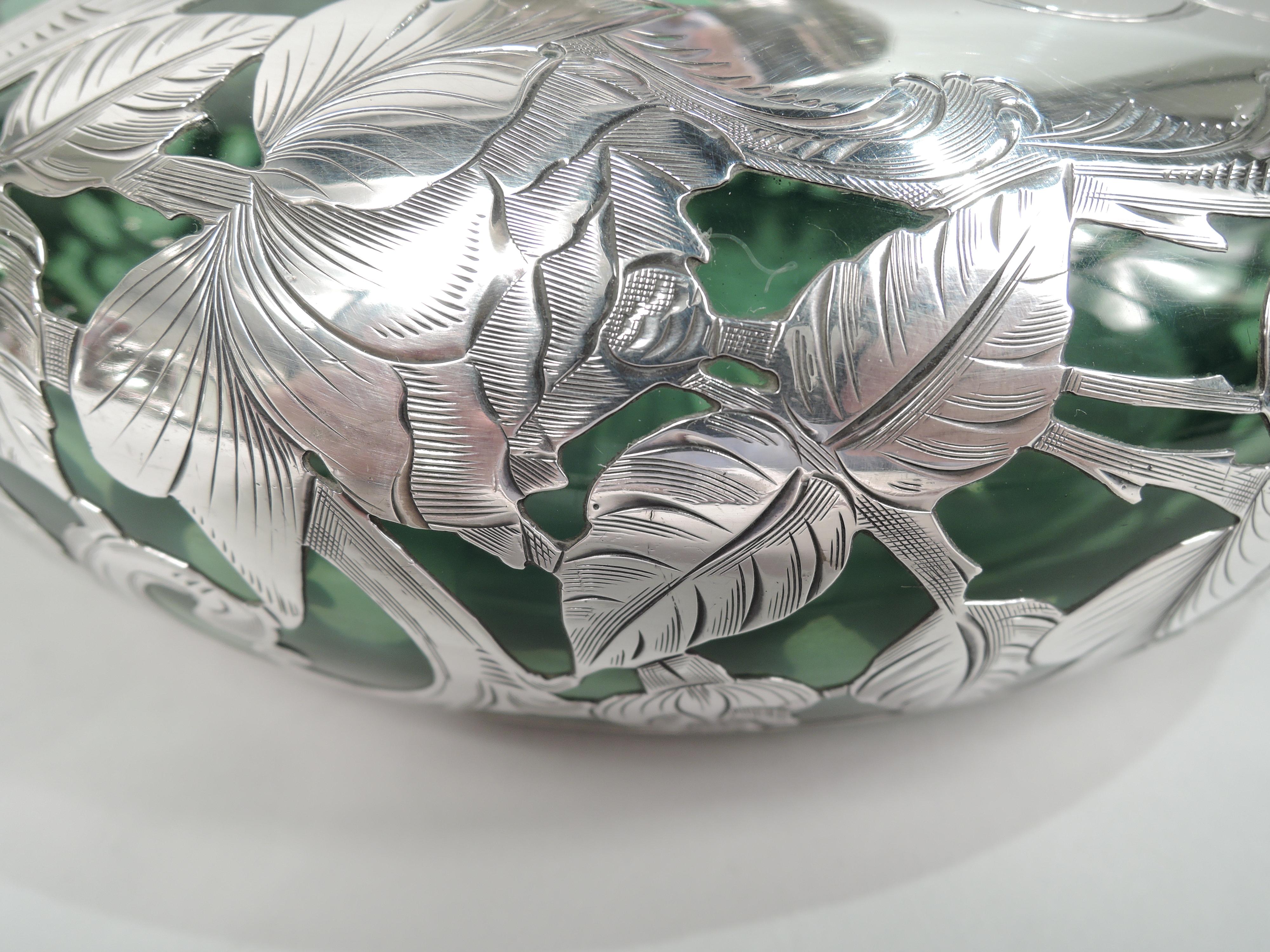 19th Century Antique Alvin Art Nouveau Green Silver Overlay Vase For Sale