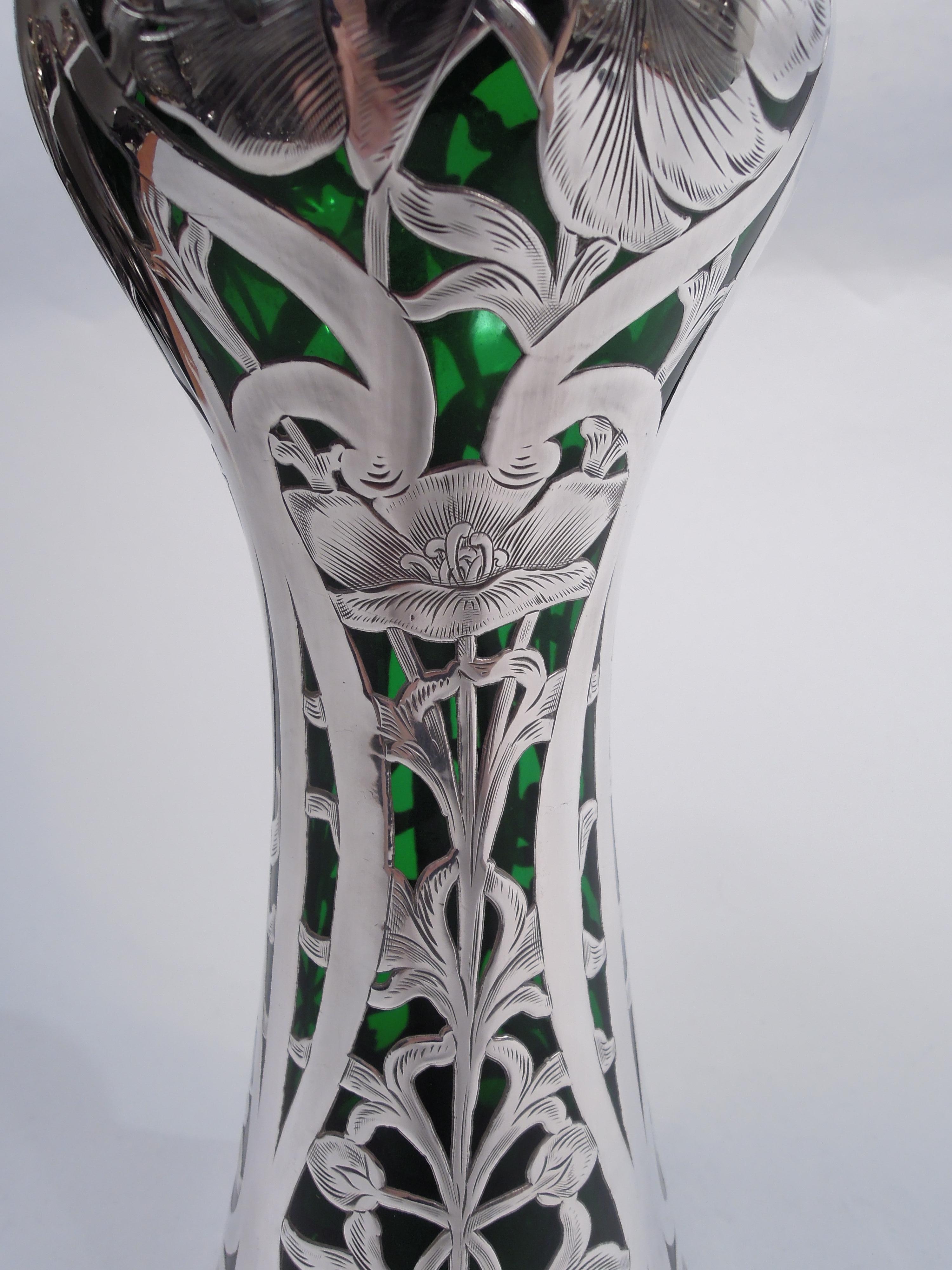20th Century Antique Alvin Art Nouveau Green Silver Overlay Vase