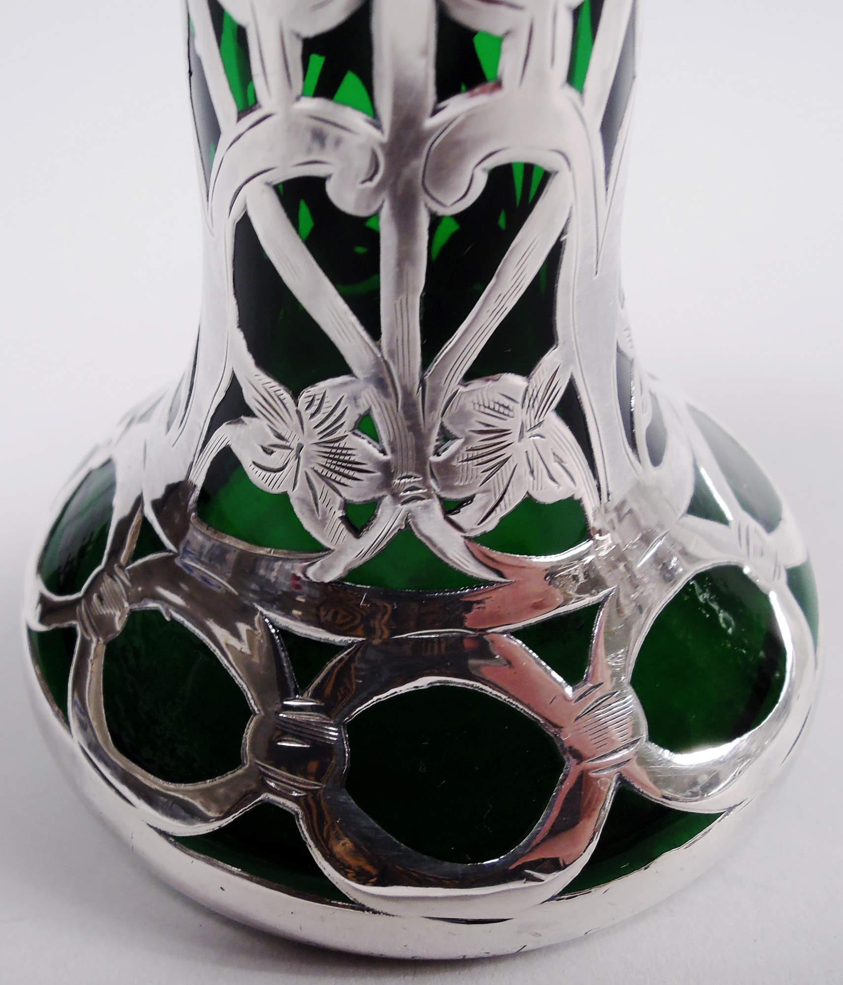 20th Century Antique Alvin Art Nouveau Green Silver Overlay Vase For Sale