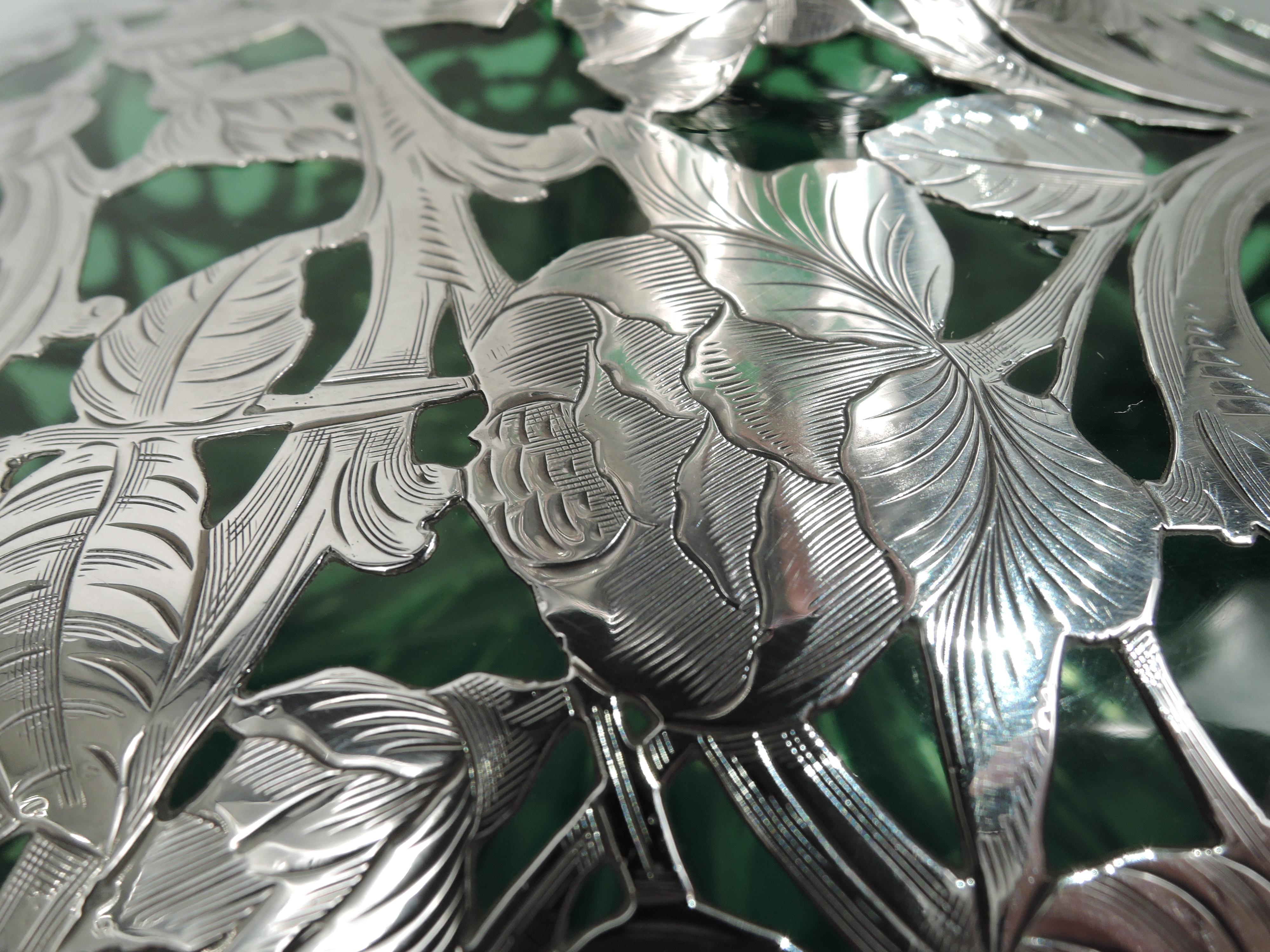 Antique Alvin Art Nouveau Green Silver Overlay Vase For Sale 1