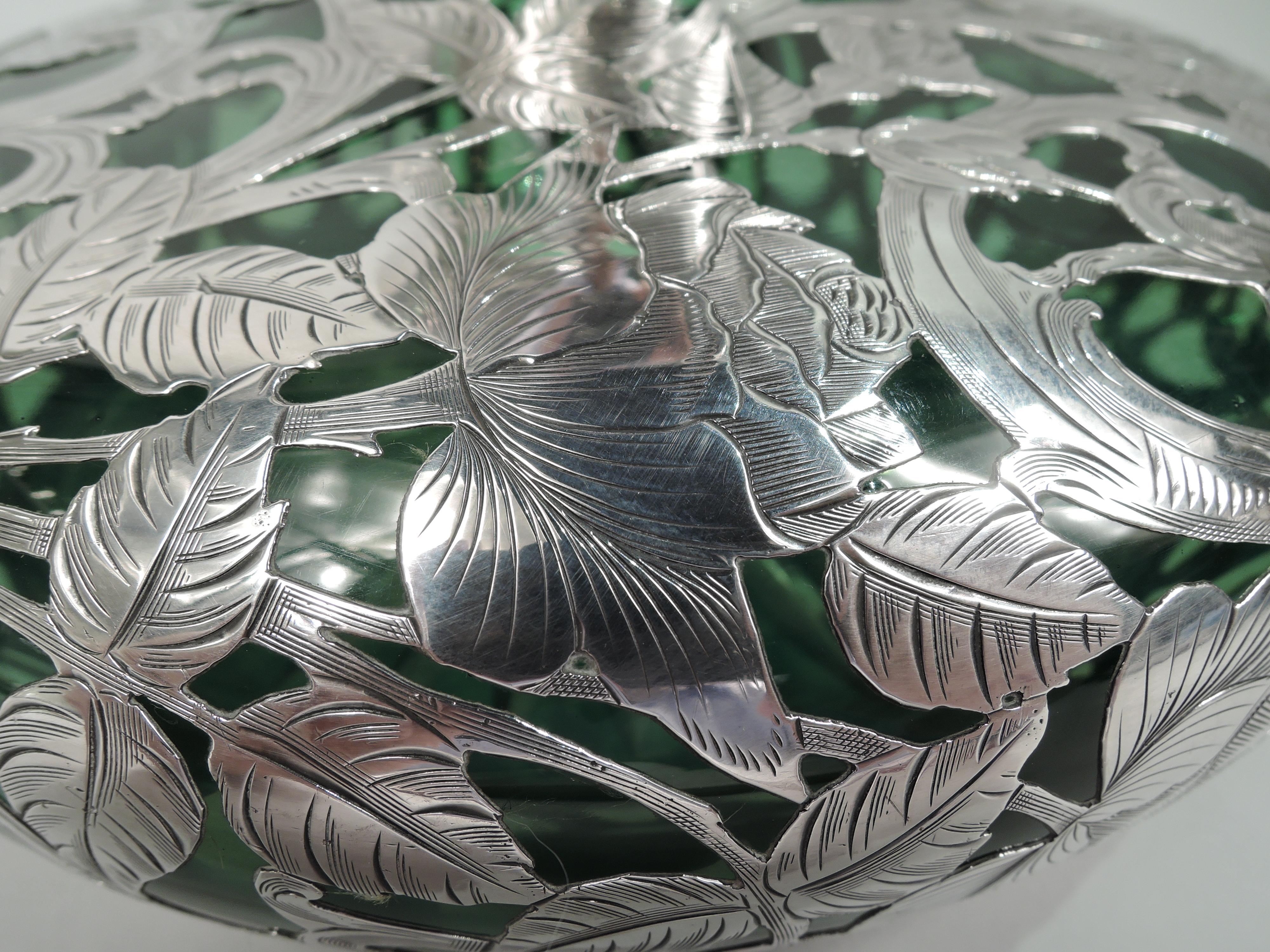 Antique Alvin Art Nouveau Green Silver Overlay Vase For Sale 2