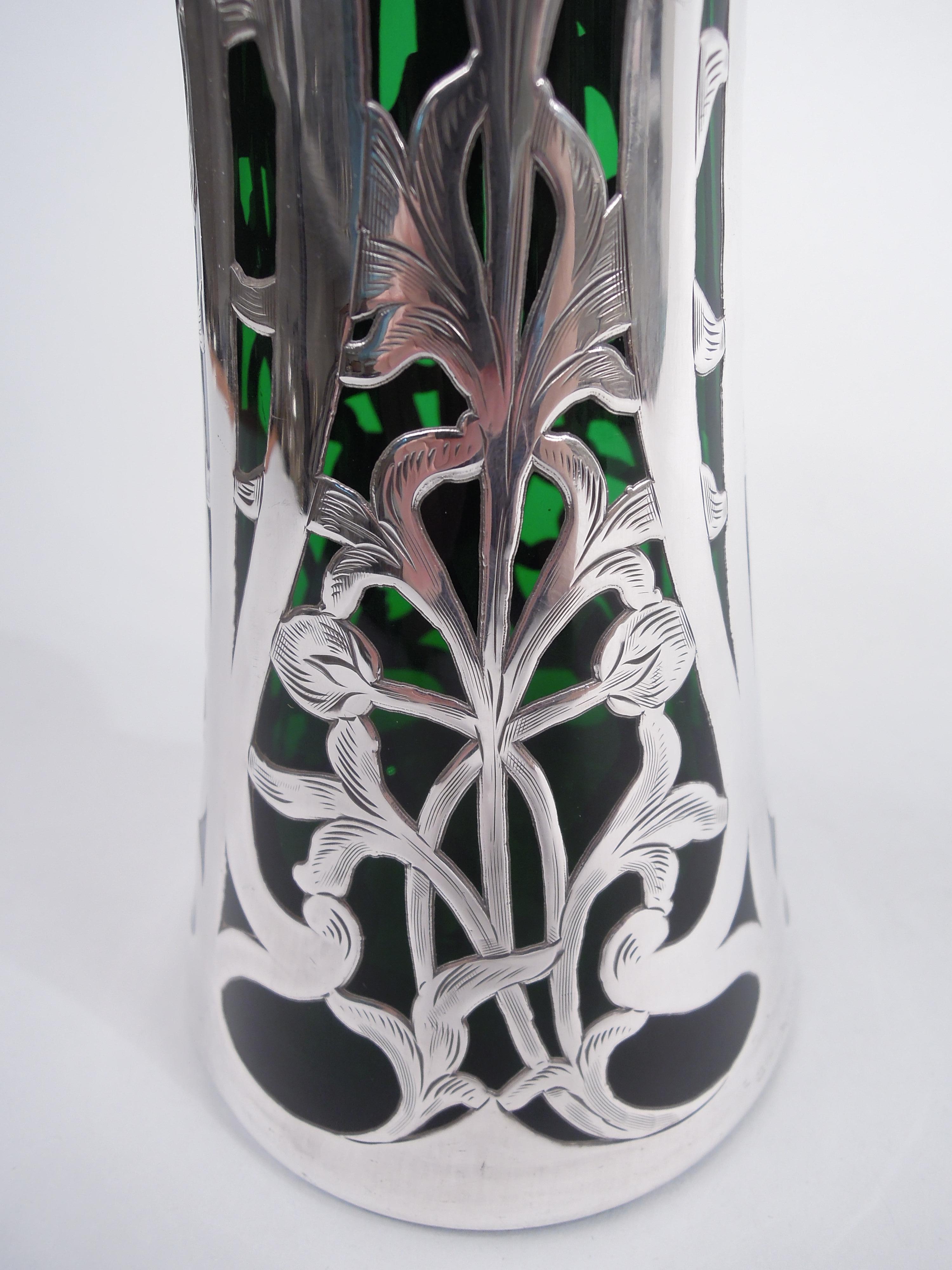 Argent Ancien vase Art Nouveau Alvin vert recouvert d'argent
