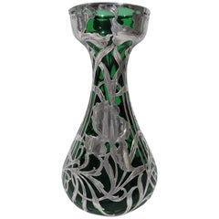Antique Alvin Art Nouveau Green Silver Overlay Vase